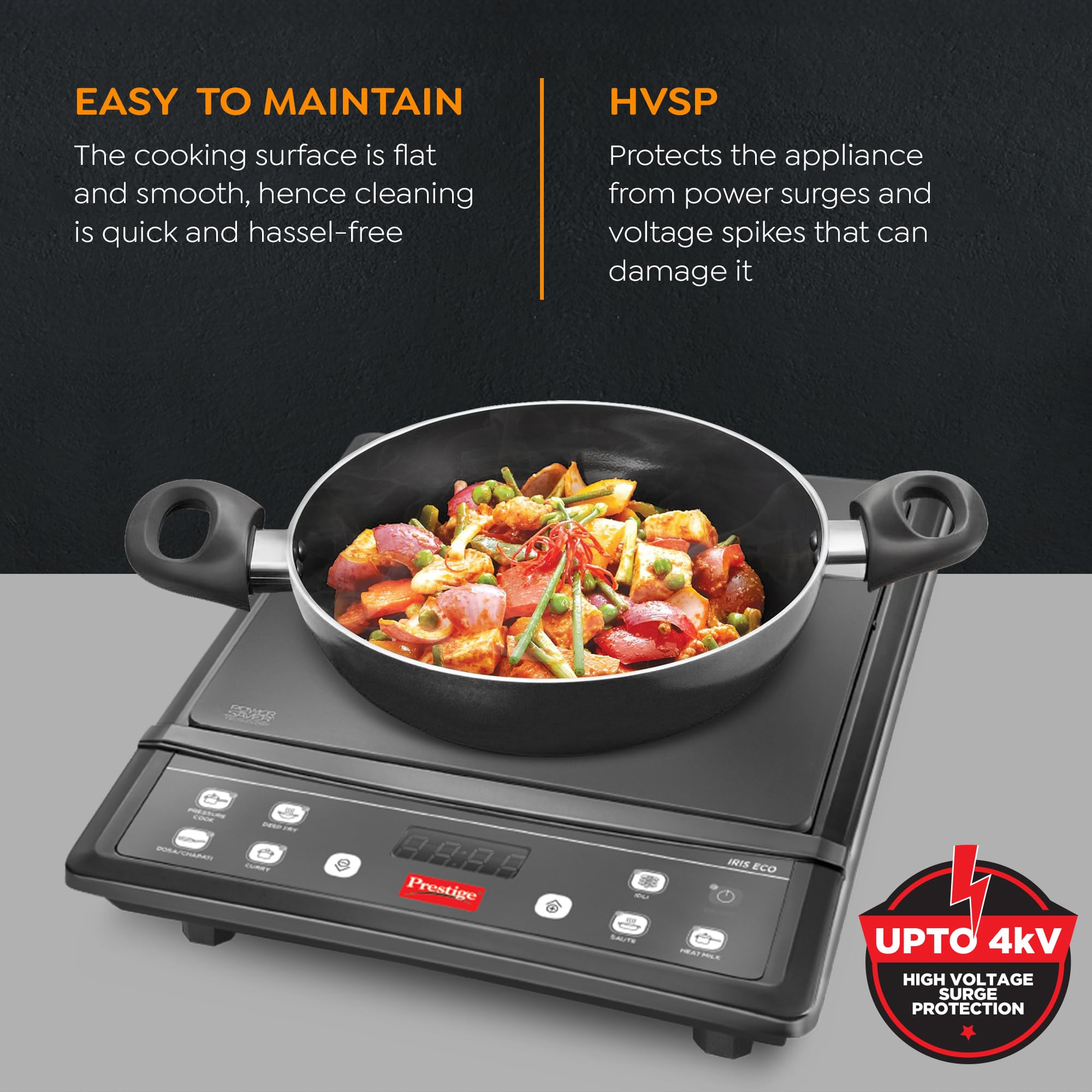 Prestige IRIS ECO 1200 W Induction Cooktop with automatic voltage regulator |Indian Menu option|Power Saver|Timer with User Pre-Set|1 year warranty|Black