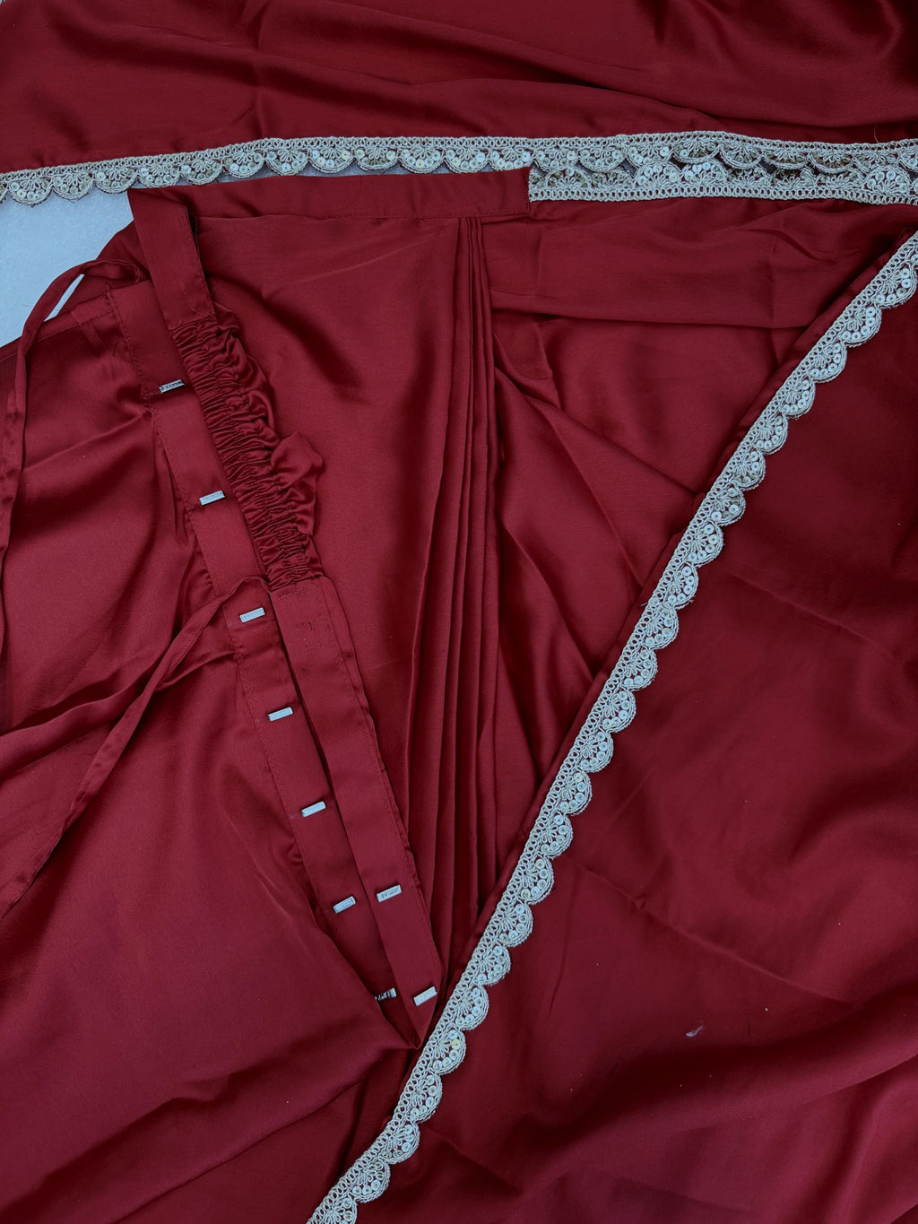 SHOPAZ Ready To Wear Saree For Women Maroon Red Satin SIlk Readymade Stitched Scalloped Border With Unstitched Blouse