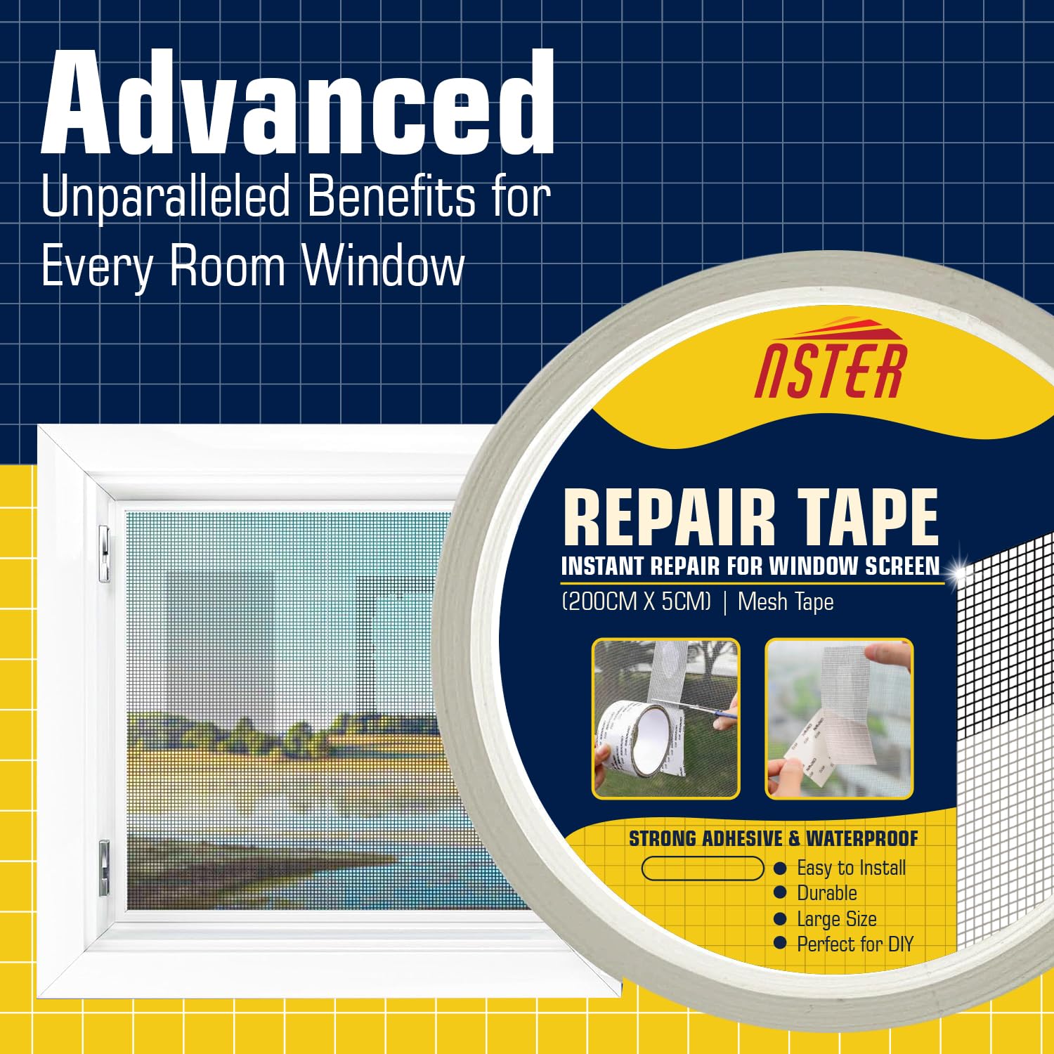 VIVNITS Mosquito Net Repair Tape (200cm x 5cm) – Self Adhesive Fiberglass Mesh Patch Roll for Window & Door Screen Repair, Fix Broken Net Holes, Durable & Strong, Pack of 1 (200Cm X 5CM)