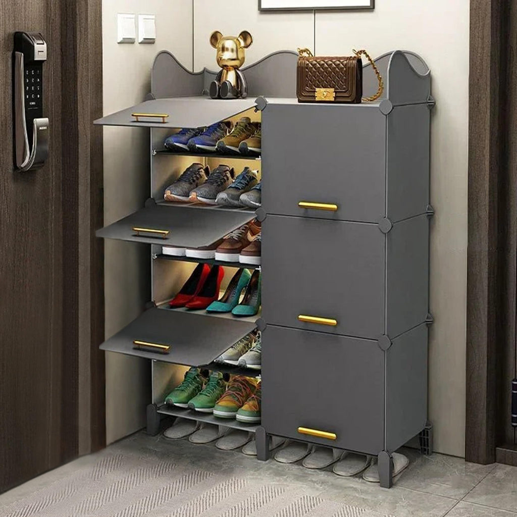 AYSIS Premium Modular Plastic Shoe Rack for Home with Door | 𝟏𝟐-𝐓𝐢𝐞𝐫 Stackable Shoe Organizer | Waterproof & Dustproof | Space Saving Storage for Home, Bedroom & Entryway【Grey, 12-Shelf-6-Door】