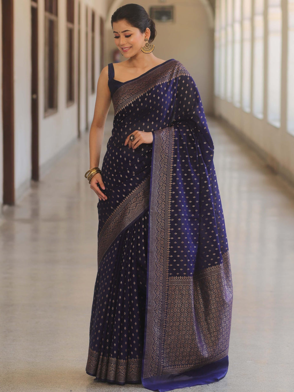 Shasmi Women's Navy Blue Banarasi Pure Kanjivaram Silk Saree Soft new ladies Design Wear Pattu Sarees Latest 2026 Cotton Party Sari collections With Blouse Piece for Wedding sadi (PARI-239-NEVIBLUE)