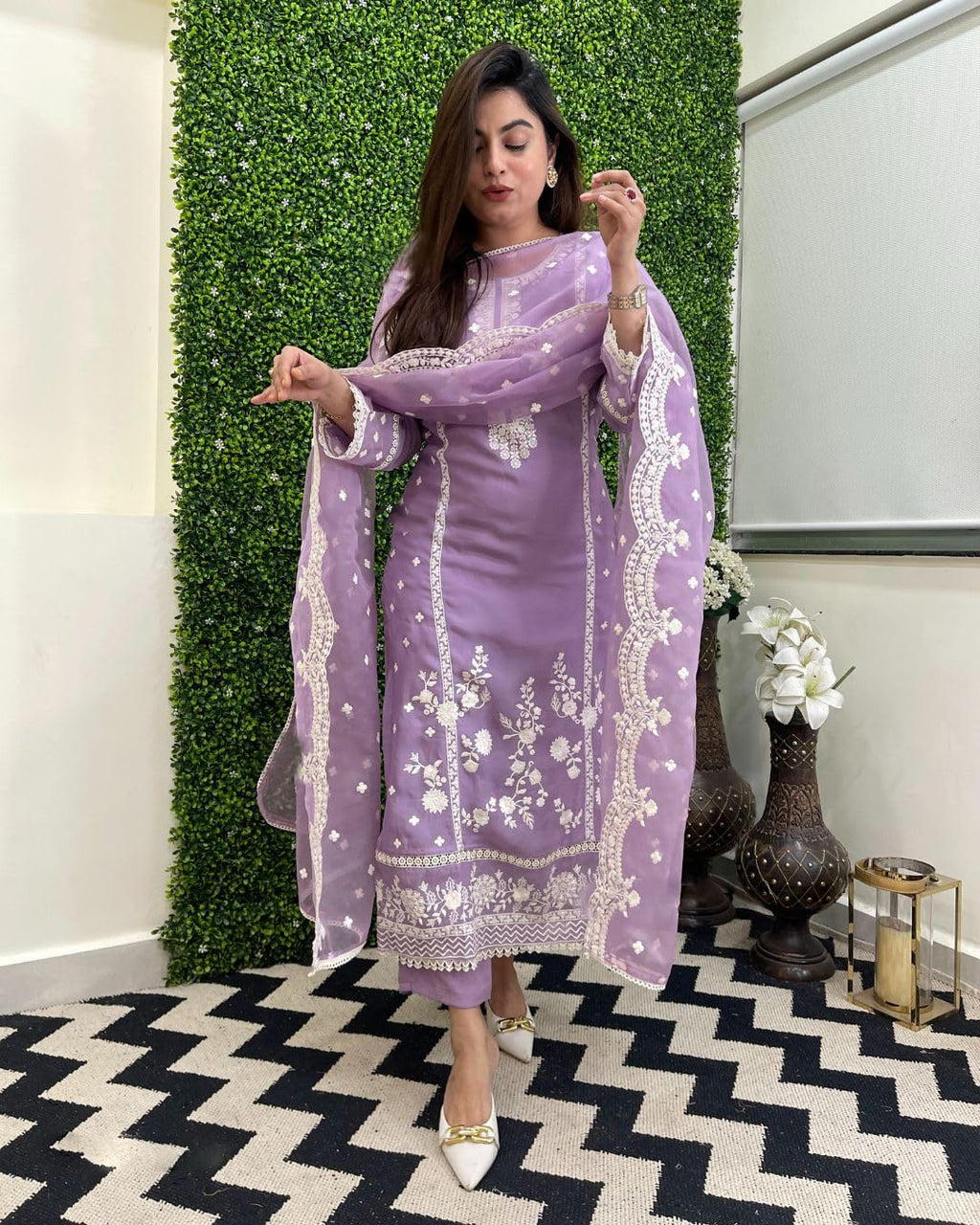 GoSriKi Women's Rayon Blend Straight Embroidered Kurta with Pant & Dupatta (Rosewood Purple-GS_M_Purple_Medium)