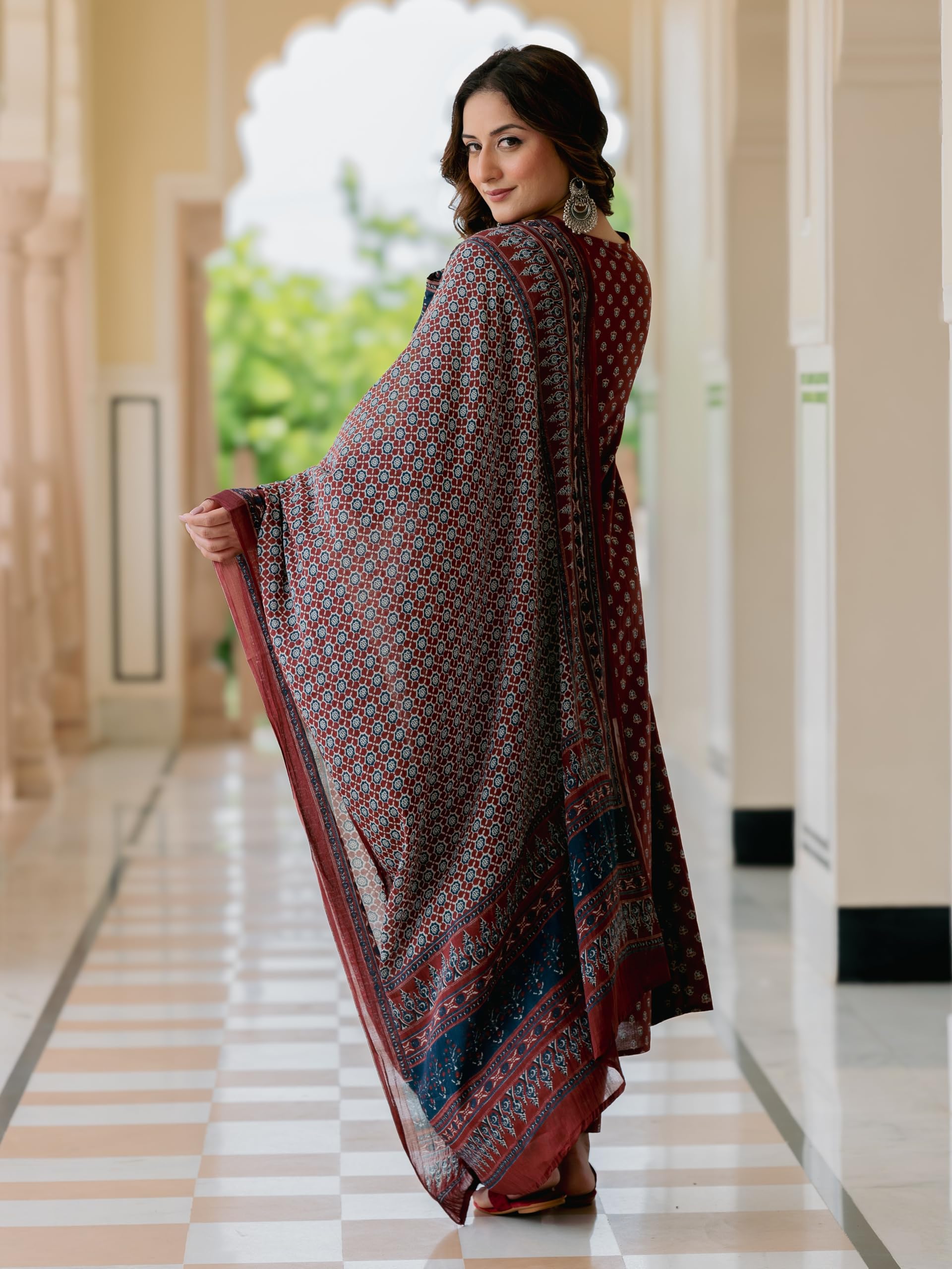 Arayna Women’s 100% Pure Cotton Printed Ethnic Suit | A-Line Kurta Set with Pant & Dupatta, Maroon, Large