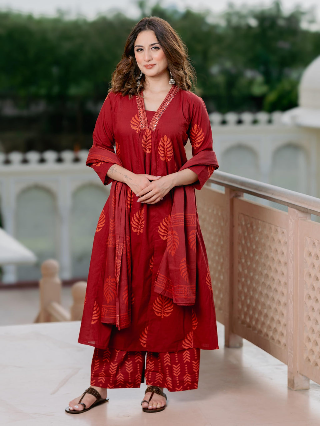 Arayna Women’s Pure Cotton Printed Kurta Pant Dupatta Set | Elegant Ethnic Suit Set with Minimal Leaf Motifs | Straight Fit 3-Piece Set for Women | Crimson Red, X-Large