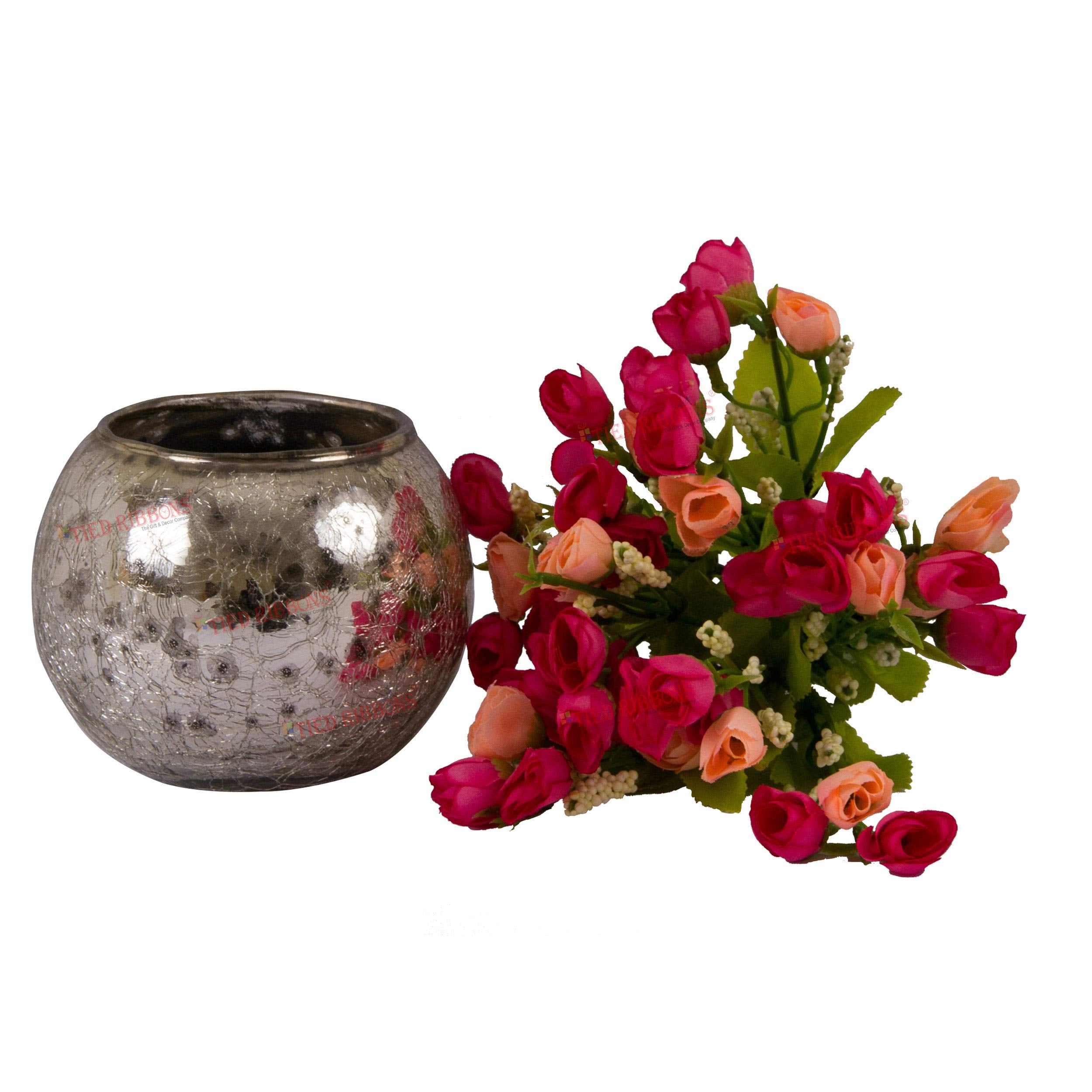 TIED RIBBONS Multicolor Flowers with Mercury Glass Vase for Mothers Day Home Decor Center Table Bedroom Living Room and Office Decoration (Multicolor)