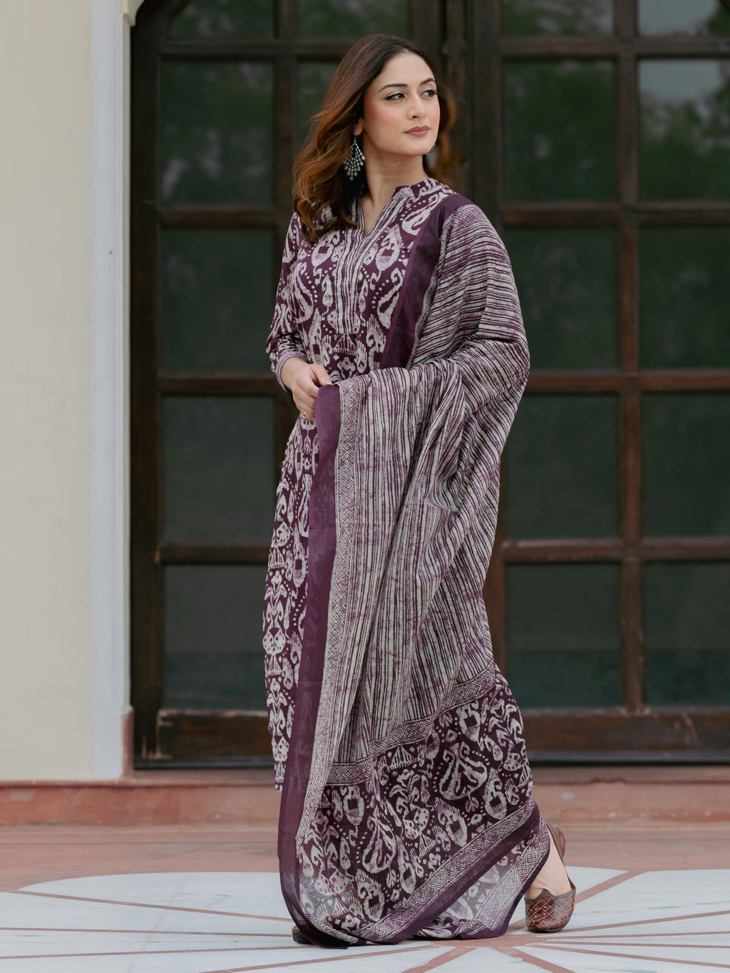 Arayna Women’s 100% Pure Cotton Ikat Printed Ethnic Straight Kurta Pant and Dupatta Set for Women, Plum Purple, XX-Large
