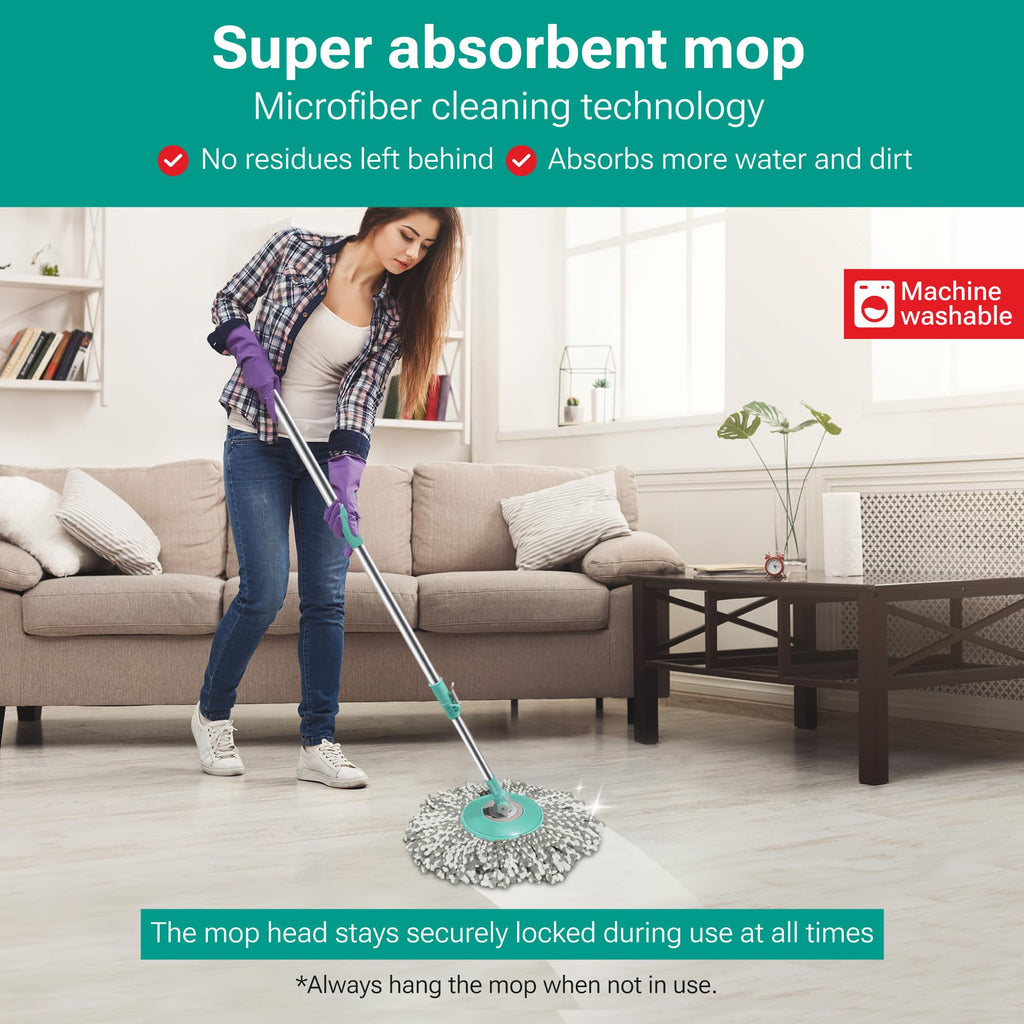 Spotzero by Milton Prime Stainless Steel Wringer Spin Mop with Big Wheel, Puller Handle, Bucket Floor Cleaning and Mopping System 360° Flexible,2 Microfiber Refills, Big Size, Aqua Green