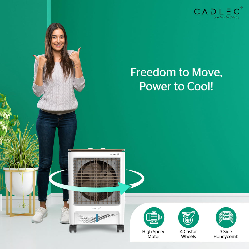 Cadlec AeroMini 20L Personal Air Cooler For Home, High Speed Fan with Powerful Air Throw, Inverter Compatible, Anti-Bacteria Honeycomb Pad, 3 Year Warranty | White