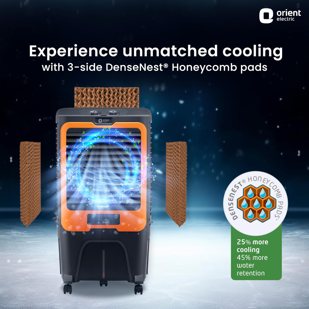 Orient Electric Ultimo 50L Desert Air Cooler with Densenest Honeycomb pads, Ice chamber & High Air Delivery | Desert Cooler for home (Grey and Orange)