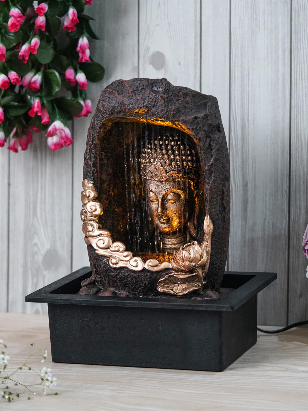 CHRONIKLE Polyresin Tabletop Gold Brown Meditating Buddha Sitting in Cave Style Indoor Front Curtain Waterfall Fountain for Home Decor with LED Light, Speed Controller Pump (Size: 40 x 22 x 29.5CM)