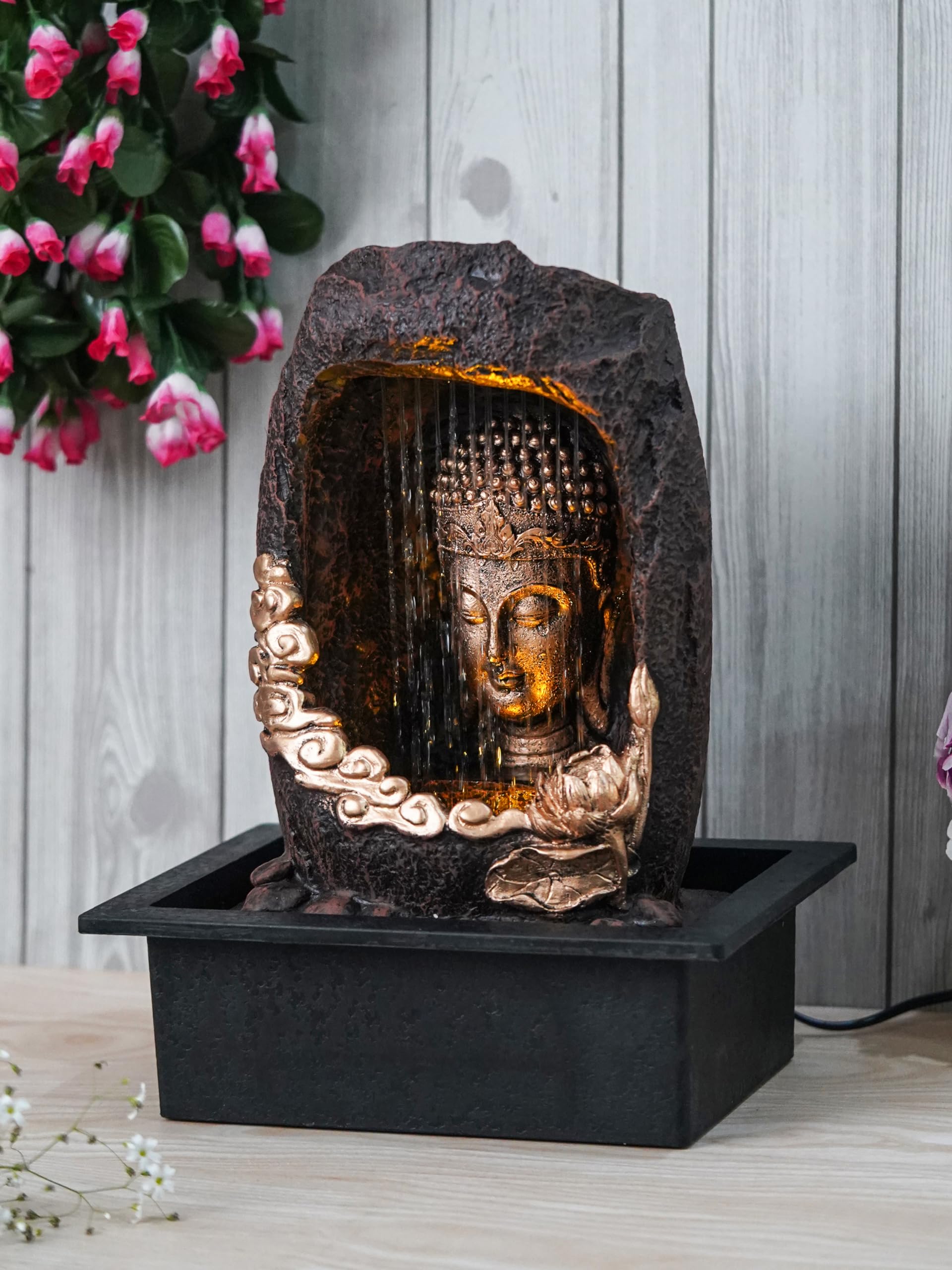 CHRONIKLE Polyresin Tabletop Gold Brown Meditating Buddha Sitting in Cave Style Indoor Front Curtain Waterfall Fountain for Home Decor with LED Light, Speed Controller Pump (Size: 40 x 22 x 29.5CM)