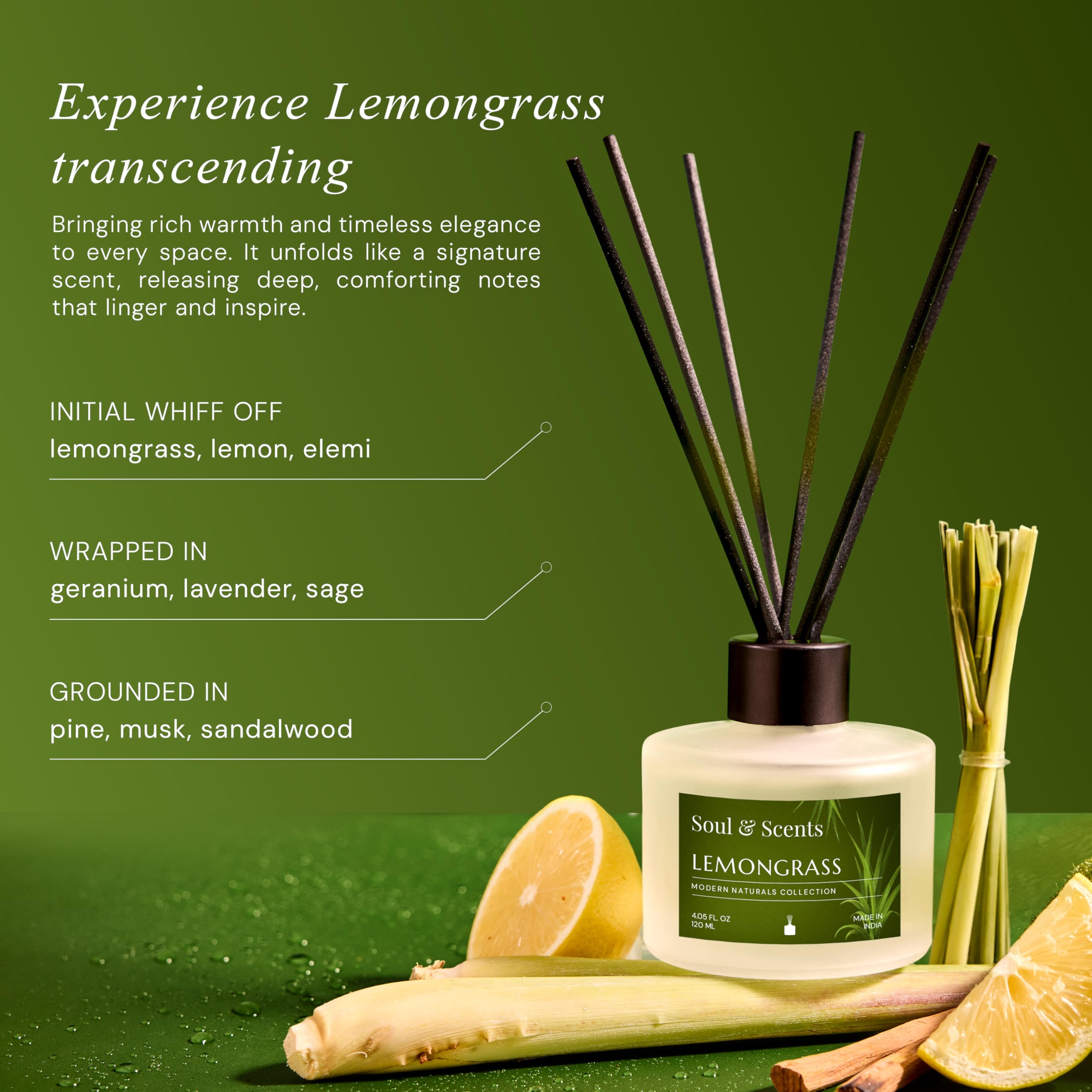 Soul & Scents Glass 120ml Lemongrass Reed Diffuser Set | Free 6 Fiber Reed Sticks | Stress Relief & Aromatherapy | Long-Lasting, Smoke-Free Air Freshener for Home, Bedroom & Office | Ideal for Gifting