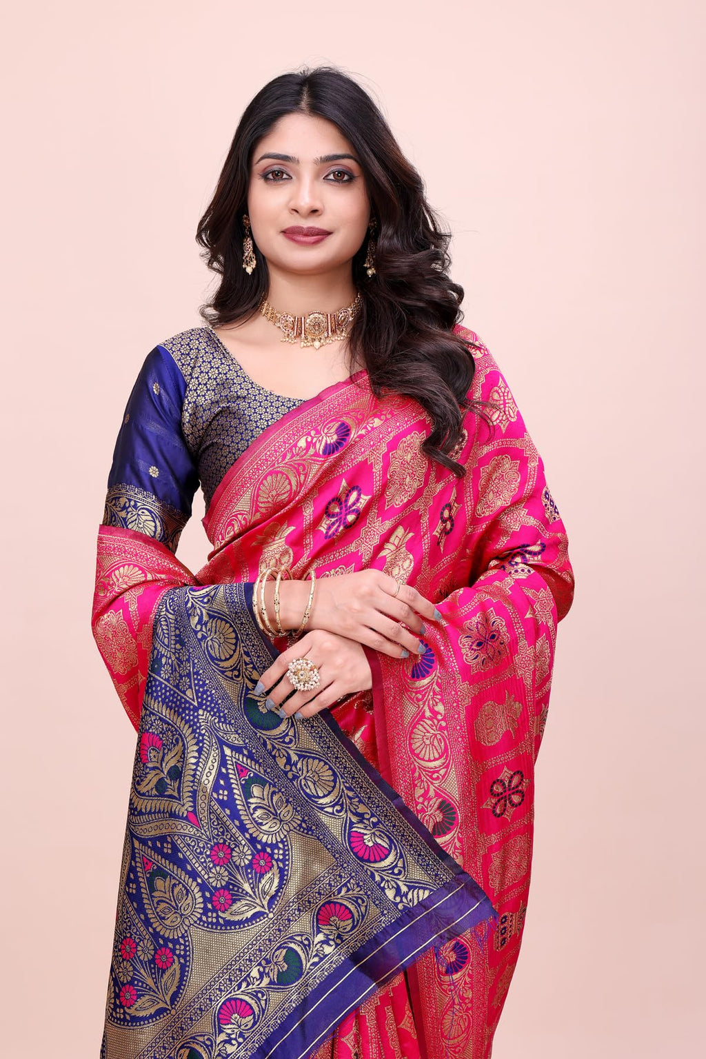 Shasmi Women's Rani Banarasi Pure Kanjivaram Silk Saree Soft new ladies Design Wear Pattu Sarees Latest 2026 Cotton Party Sari collections With Blouse Piece for Wedding sadi (PARI-241 RANI)