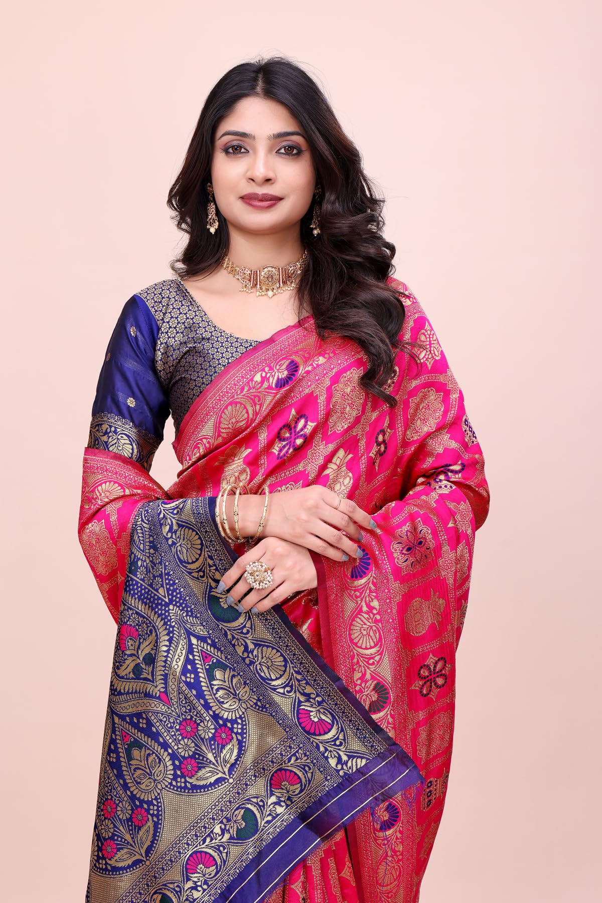 Shasmi Women's Rani Banarasi Pure Kanjivaram Silk Saree Soft new ladies Design Wear Pattu Sarees Latest 2026 Cotton Party Sari collections With Blouse Piece for Wedding sadi (PARI-241 RANI)