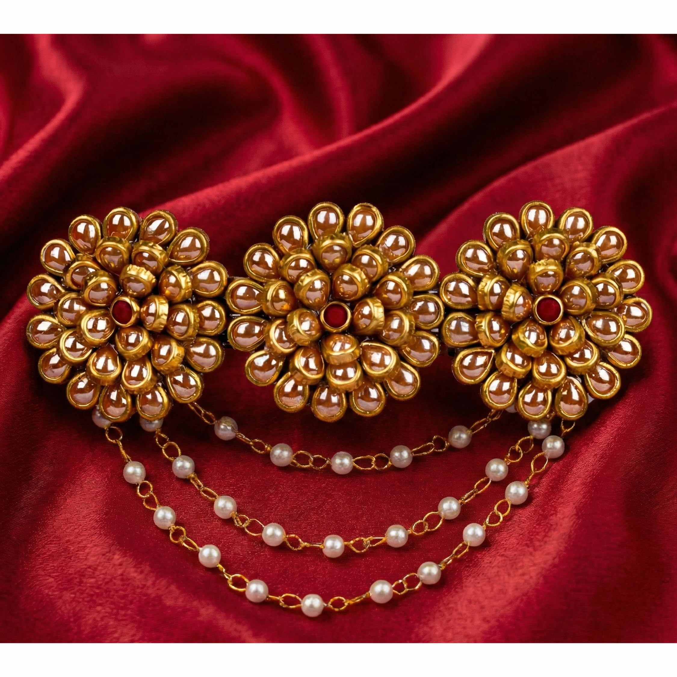 Elegant Floral Hair Clips for Women, Girls & Kids – Pearl & Gemstone Decorated Center Barrette, Lotus Design, Decorative Hair Accessories, Indian Ethnic Hair Jewelry, Gift for Women (Gold)