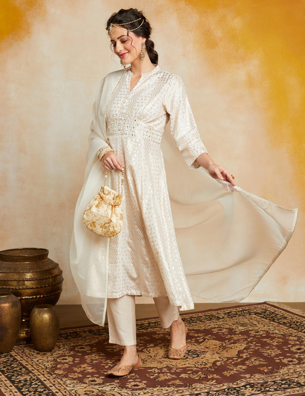 Amazon Brand - Myx Women's Embroidered Anarkali Kurta Set with Organza Dupatta in Chanderi Blend (AW25-MYX-RKM-KS-18_Off-white_L)