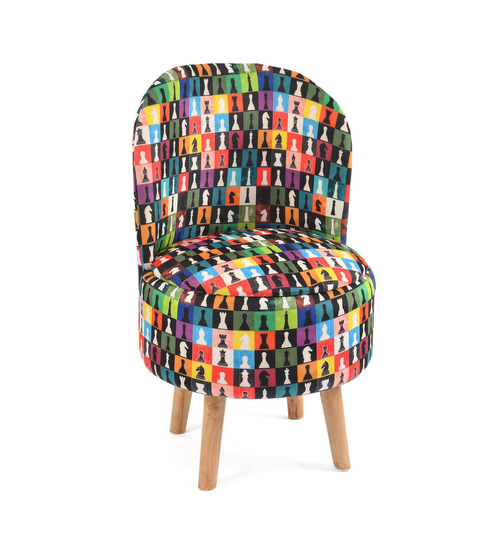 NACIA Elegant Velvet Printed Ottoman Chair | Dressing Table Chair for Bedroom Makeup Room Decor | Modern Upholstered Ottoman with Wooden Legs for Living Room & Home (18x18x32 Inches, Multi Chess)