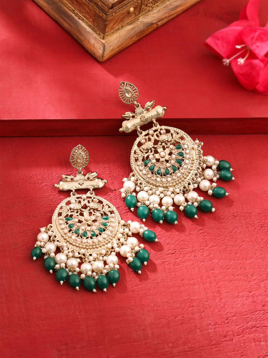 Yellow Chimes Ethnic Gold Plated Enamel Handpainted Design Stones Beads Traditional Chandbali Earrings for Women and Girls (Golden Green)