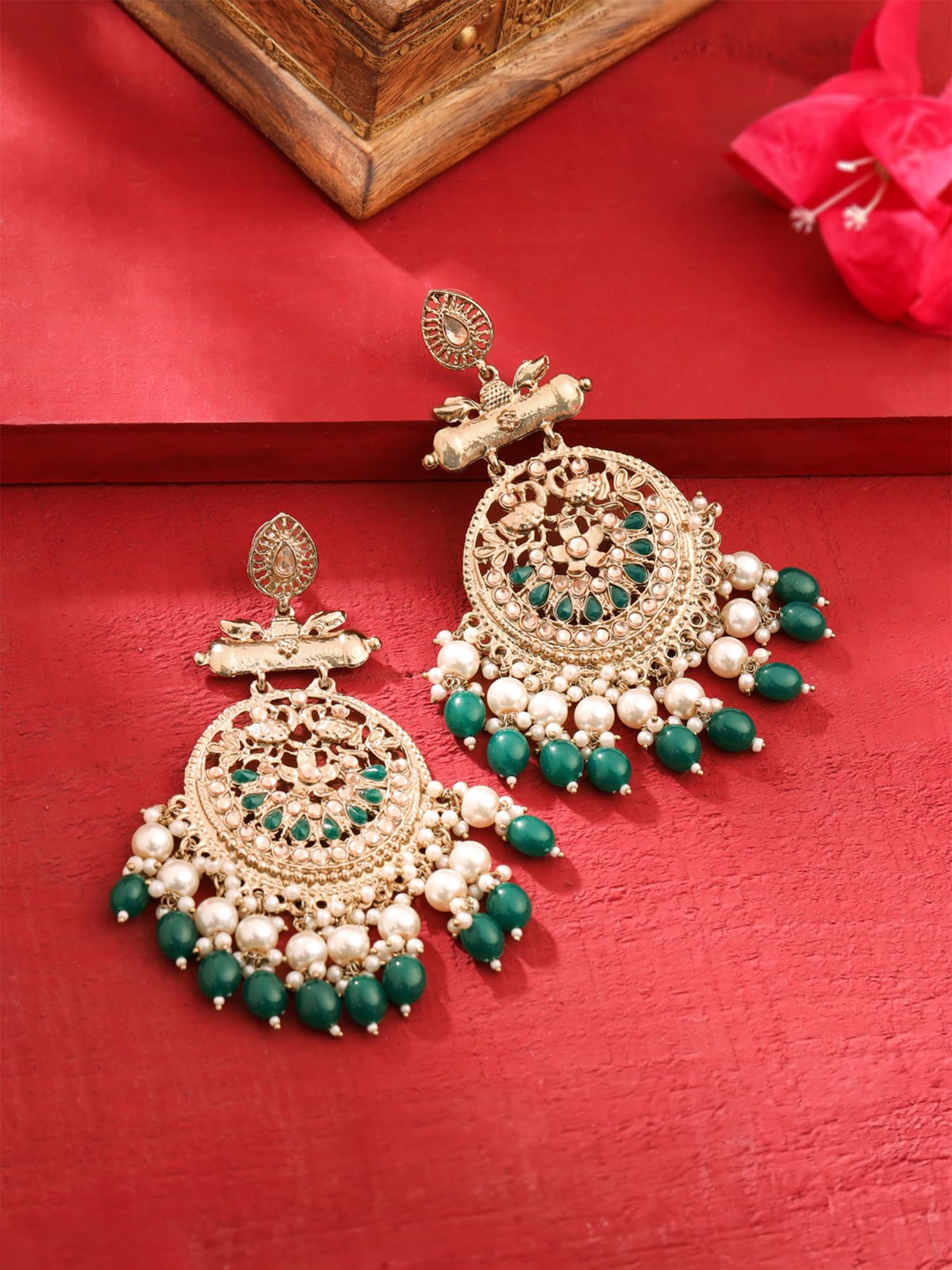 Yellow Chimes Ethnic Gold Plated Enamel Handpainted Design Stones Beads Traditional Chandbali Earrings for Women and Girls (Golden Green)