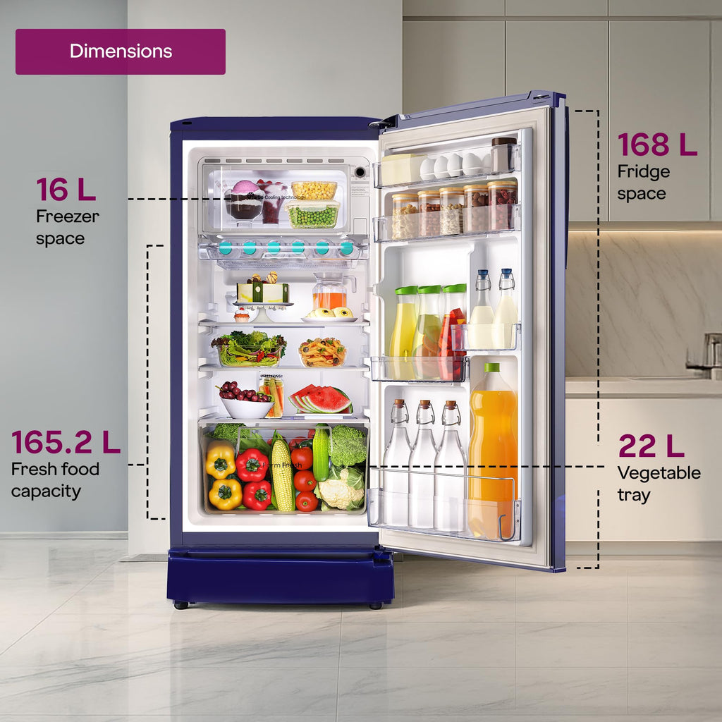 Godrej 183 L 3 Star 5 Years Comprehensive New Launch | Toughened Glass Shelves | 24 Day Farm Freshness | Jumbo Vegetable Tray | Single Door Refrigerator (RD R190CN THF FR BL, Floral Blue)