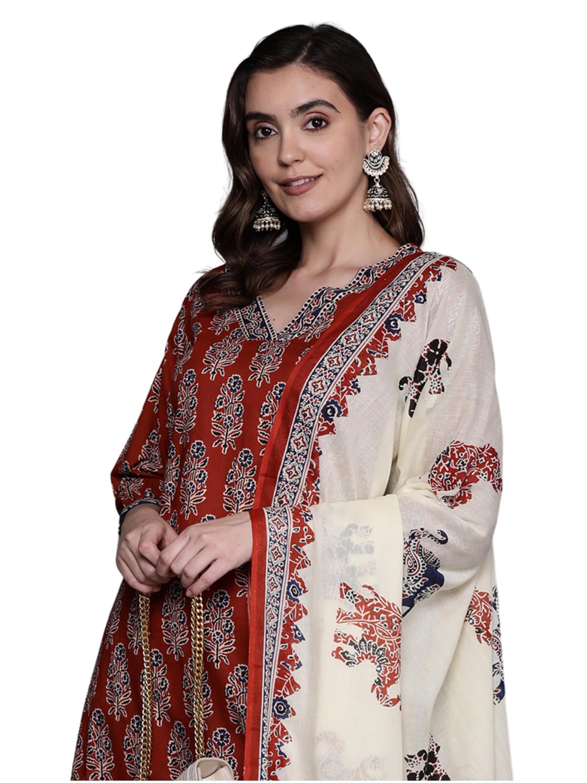 INDO ERA Cotton Rust Printed Straight Kurta With Pant & Dupatta Set For Women (Kh0Rt5137_Medium, Regular Fit)