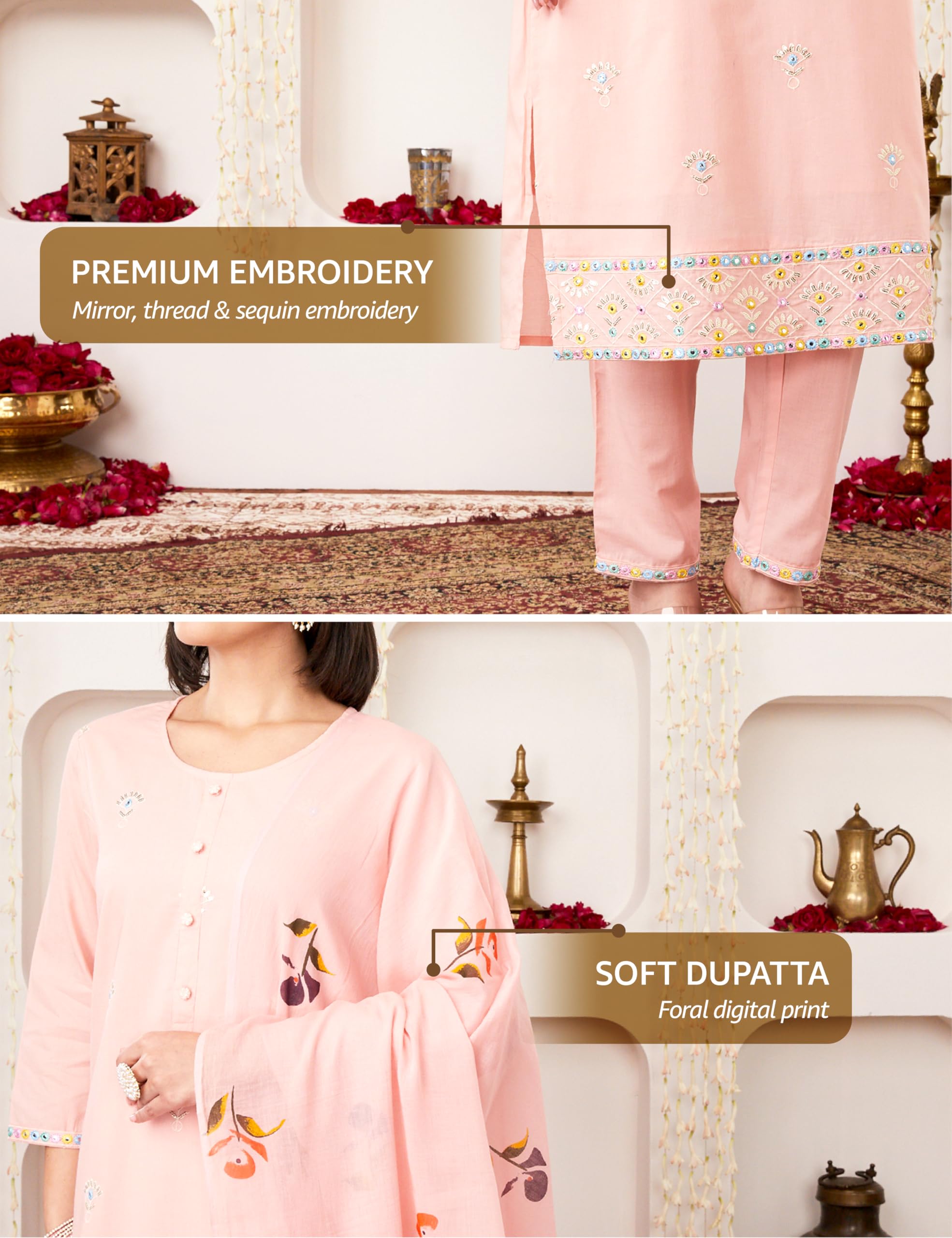 Amazon Brand - Myx Women's Embroidered Cotton Kurta Pant Set with Dupatta (SS25-MYX-SHU-KS-05_Pastel Pink_M)