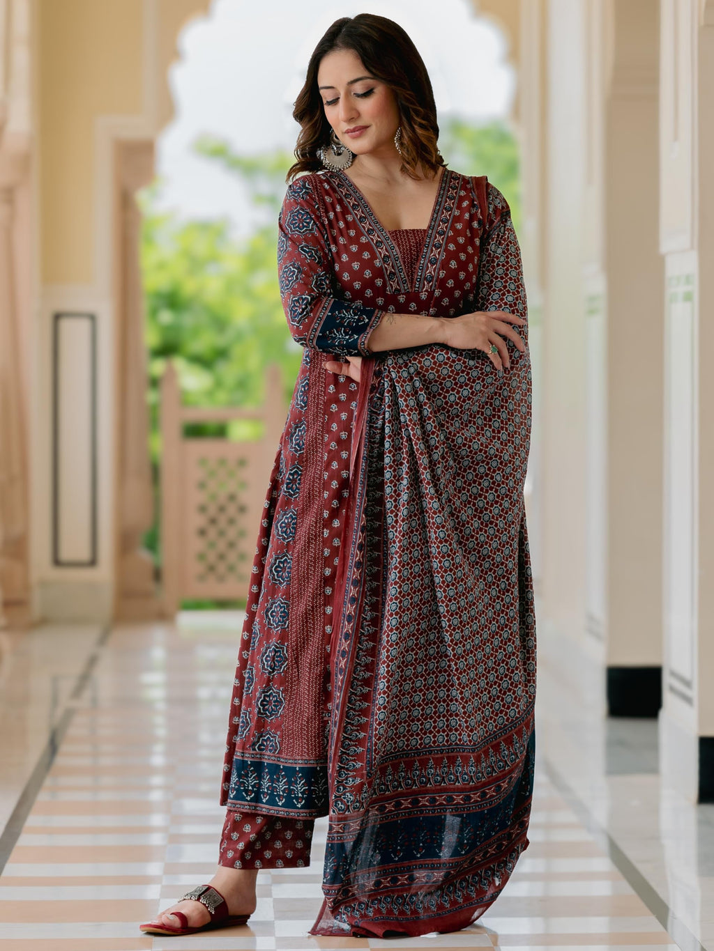 Arayna Women’s 100% Pure Cotton Printed Ethnic Suit | A-Line Kurta Set with Pant & Dupatta, Maroon, Large