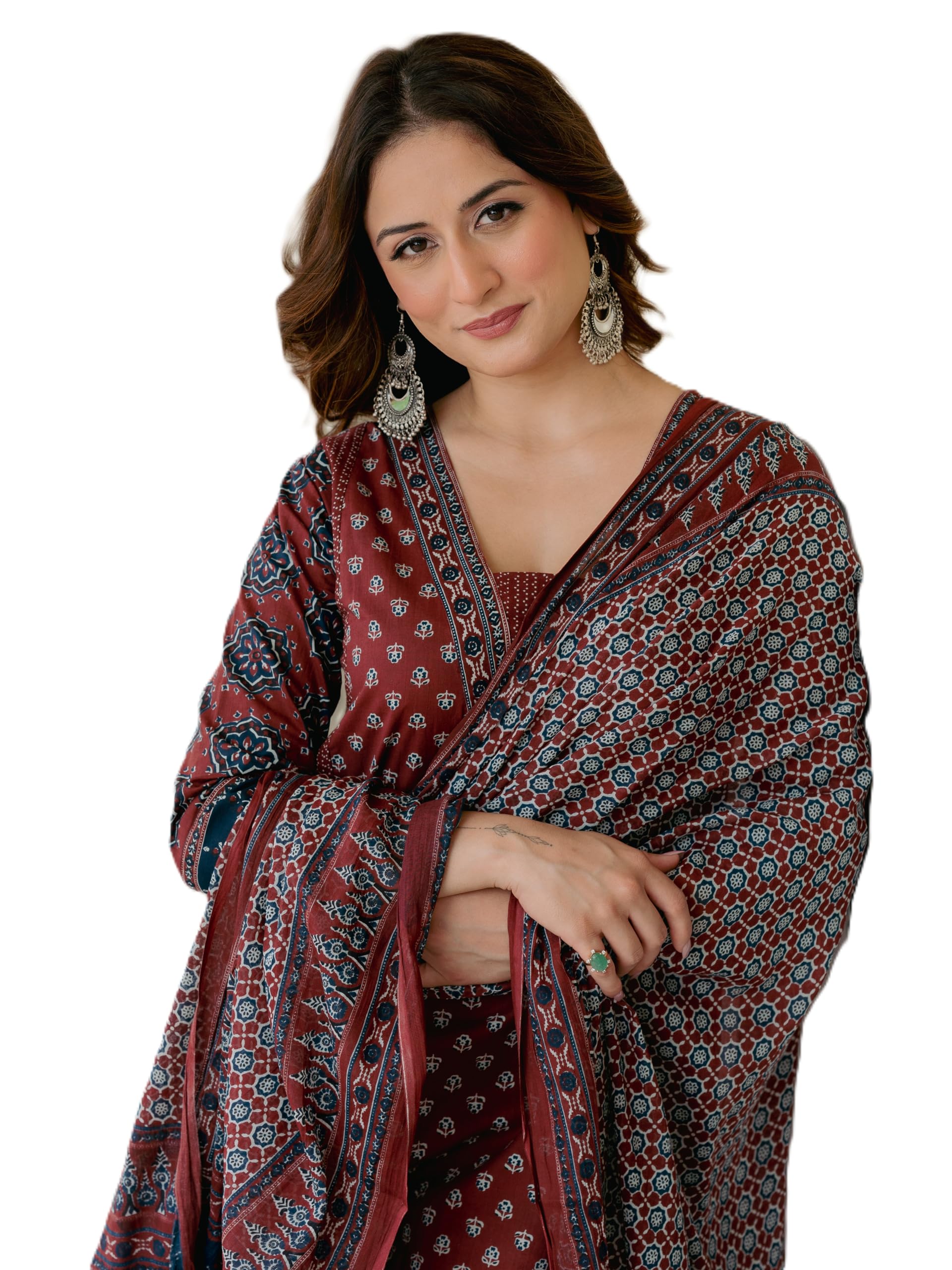 Arayna Women’s 100% Pure Cotton Printed Ethnic Suit | A-Line Kurta Set with Pant & Dupatta, Maroon, Large