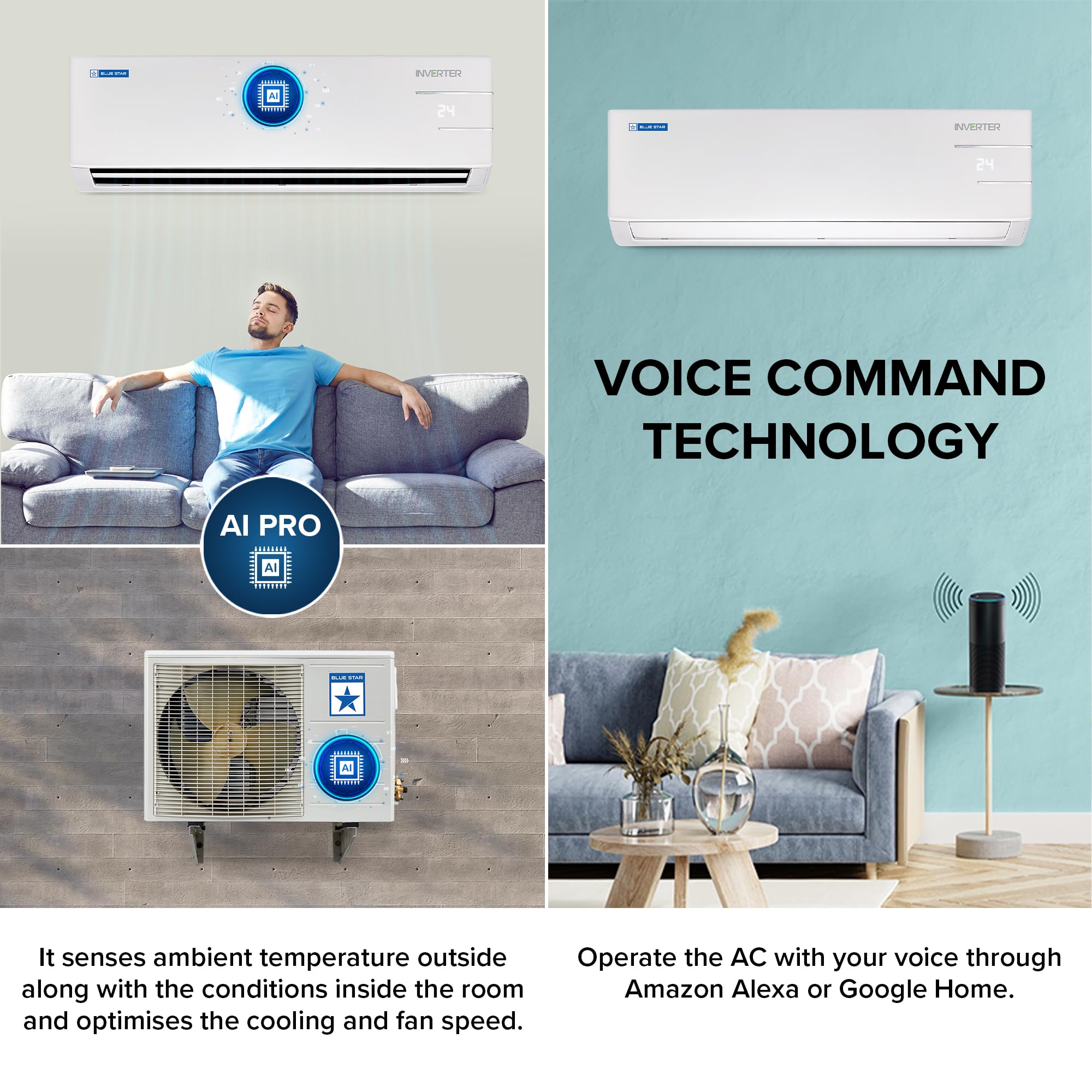 Blue Star 1.5 Ton 3 Star, Wi-Fi Smart Inverter Split AC (Copper, 5 in 1 Convertible Cooling, 4-Way Swing, Turbo Cool, Voice Command, IC318YNUS, White)