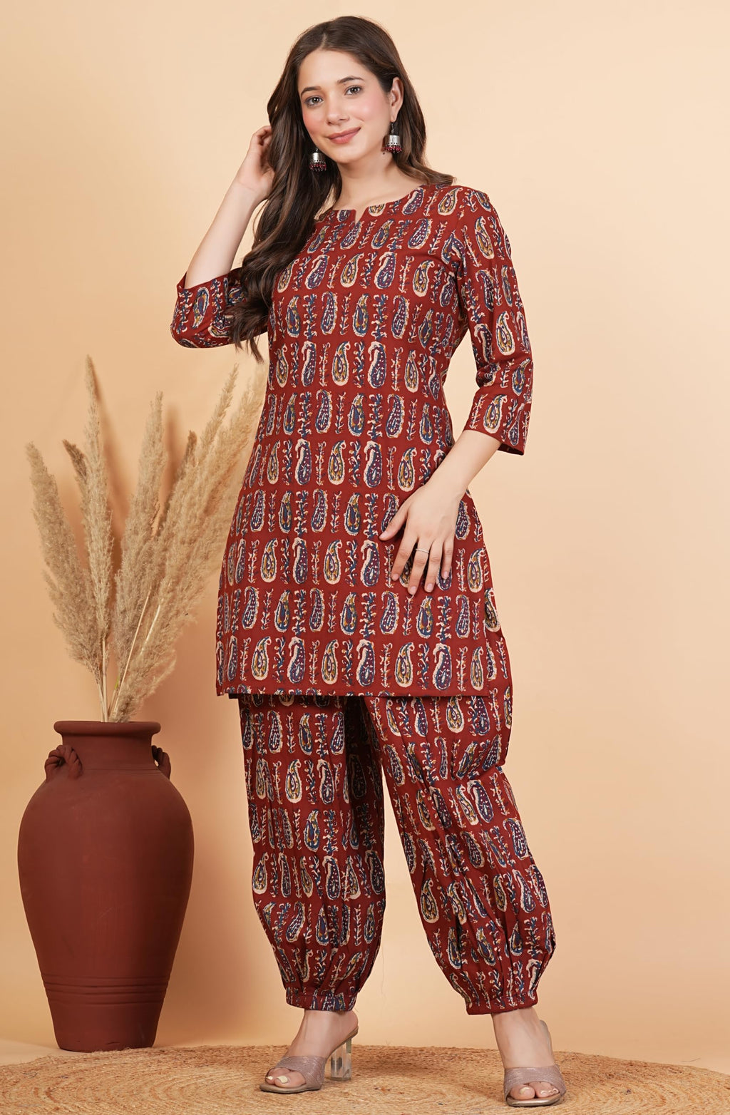 rytras Women's Pure Cotton Printed Straight Kurta Set with Palazzo Pants|Ethnic wear|Kurta Set for Women(RYT704,L) Maroon
