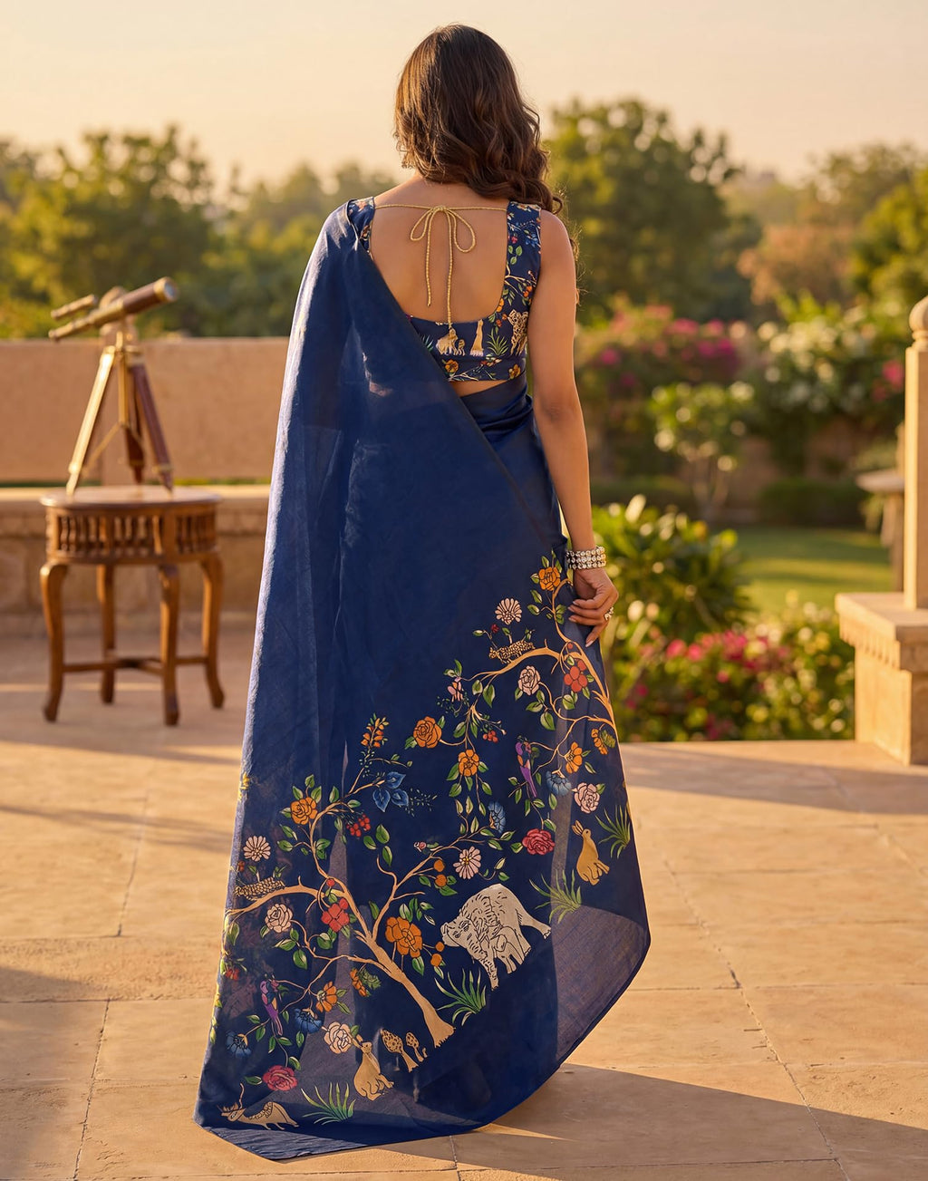SIRIL Women's Silk Printed One Minute Ready To Wear Saree With Unstitched Blouse Piece(93RS309_Navy Blue)