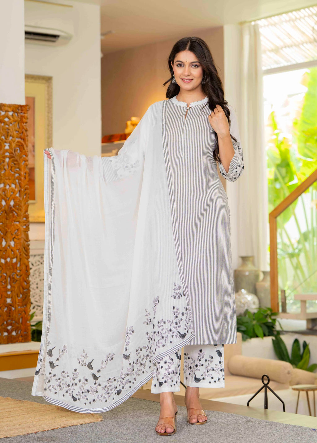 Pistaa's women Cotton Striped Straight salwar Suit Set (Off White, Medium)