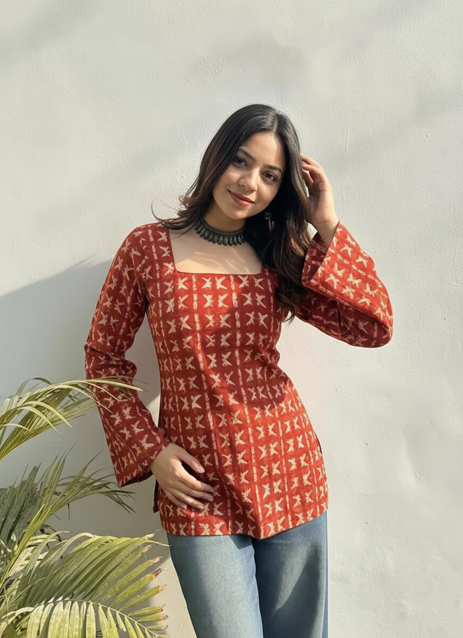 ANNI Designer Women's Viscose Blend Printed Short Kurti (Naganika Red_L_Red_Large)