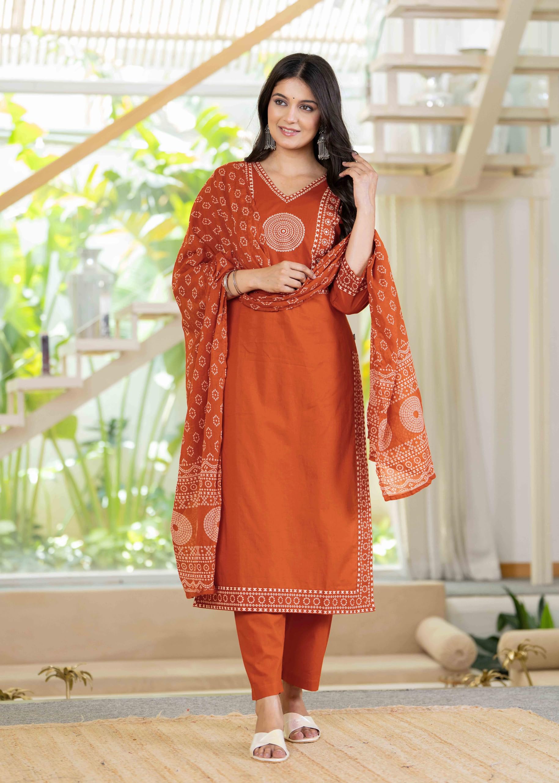 Pistaa's Women's Pure Cotton Elegant Bandhani Print Kurta Set with Dupatta (Bright Rust, Medium)