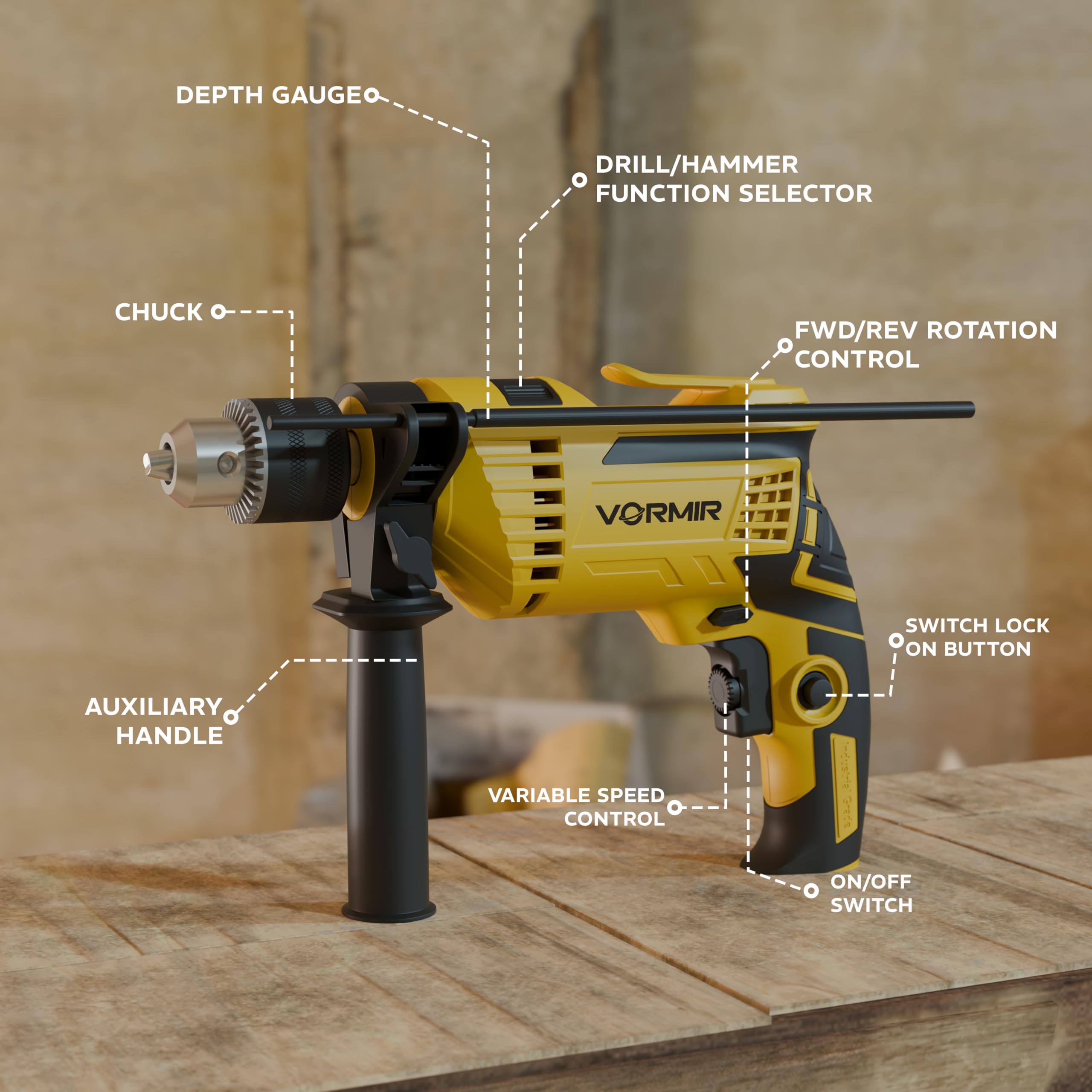 IBELL VORMIR Impact Drill | 650W | Dual Mode (Drilling & Impact) | 13mm Chuck | 0–2800 RPM | Variable Speed | Forward/Reverse | Copper Armature