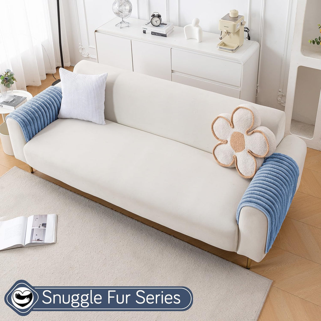 HOKIPO Faux Rabbit Fur Sofa Armrest Covers with Anti-Slip Backing| 1 Pair|Snuggle Fur Denim Blue (AR-6341-BL*2)