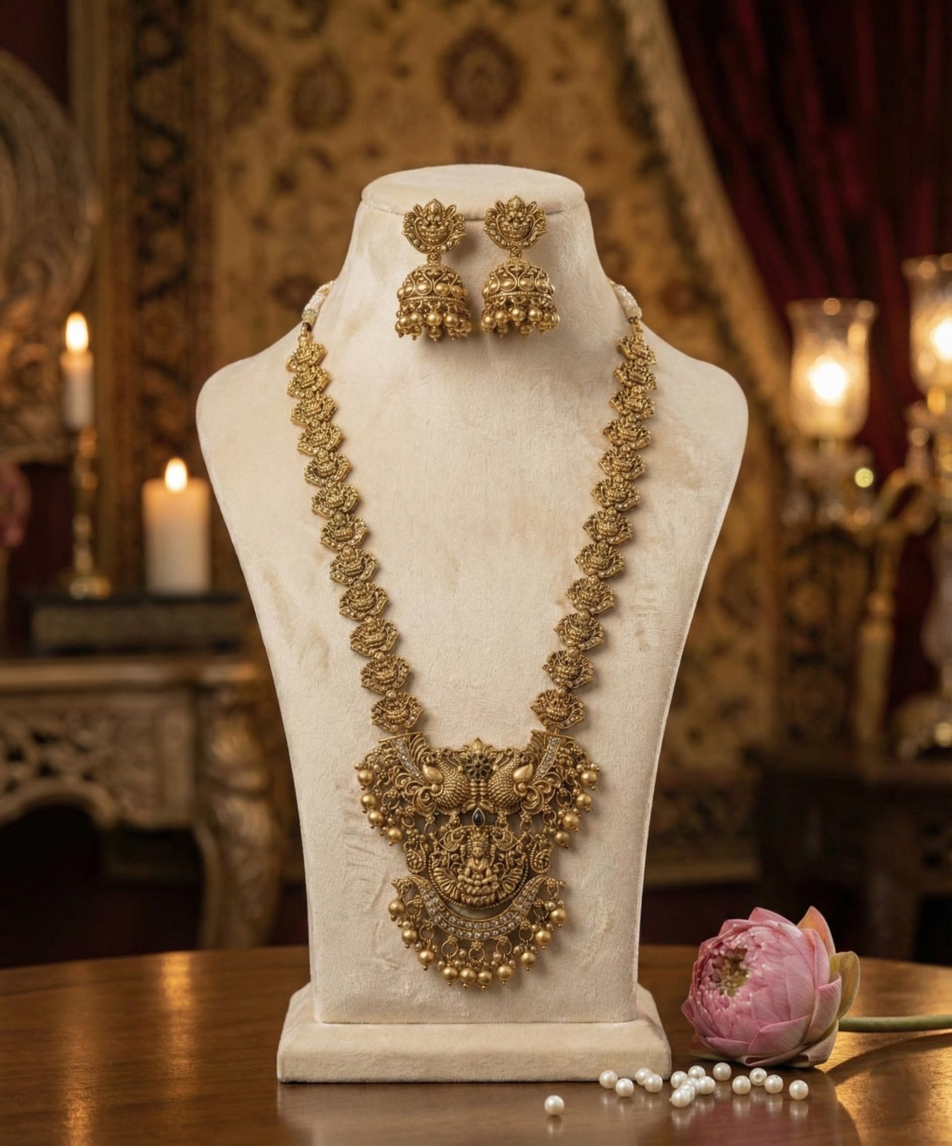 Diksha Collection South Indian Traditional Antique Matte Gold Finish Goddess Lakshmi & Peacock Motif Long Necklace Set with Jhumka Earrings for Women | Ethnic Temple Jewellery for Weddings, Brides & Festivals