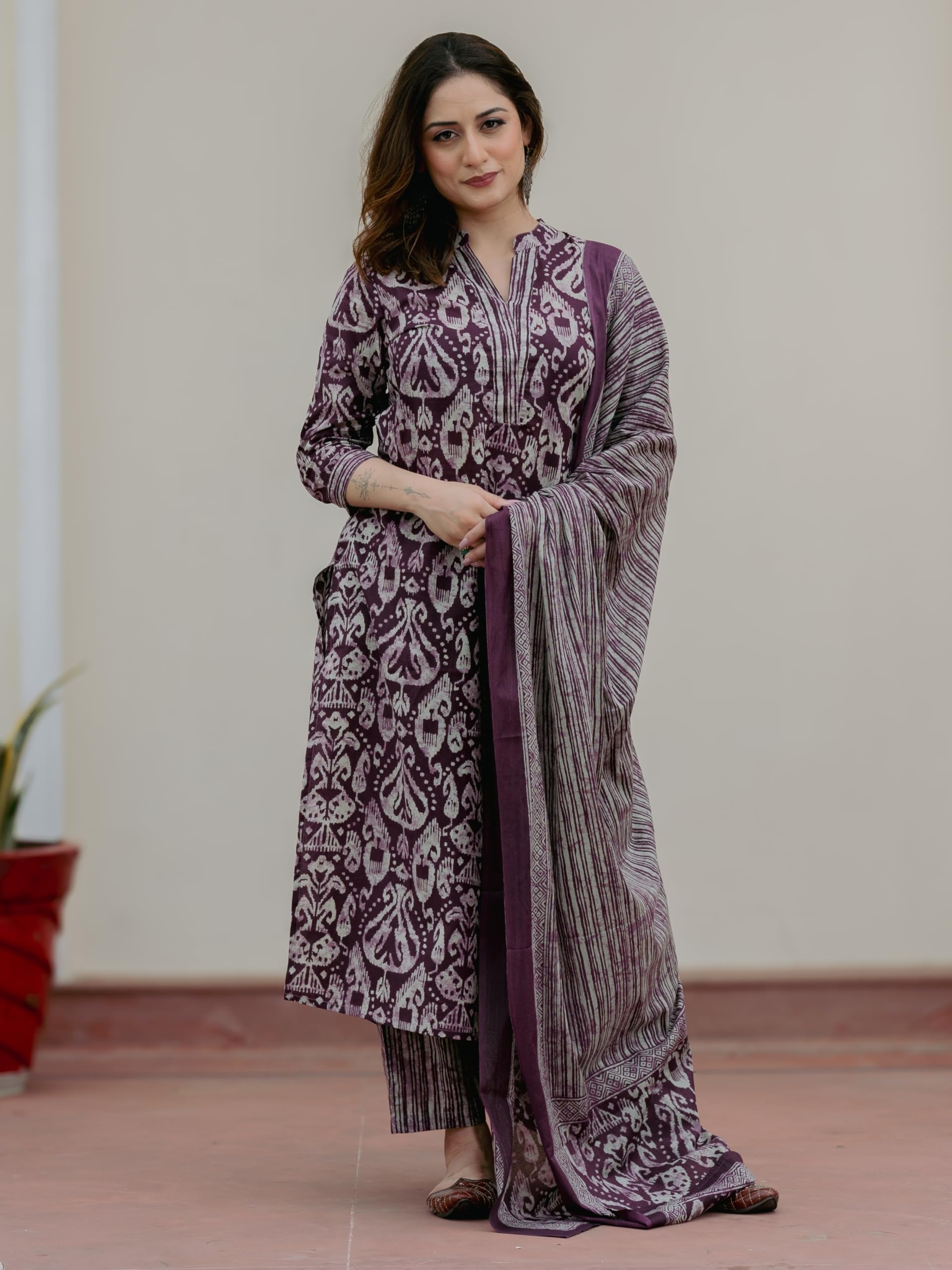 Arayna Women’s 100% Pure Cotton Ikat Printed Ethnic Straight Kurta Pant and Dupatta Set for Women, Plum Purple, XX-Large
