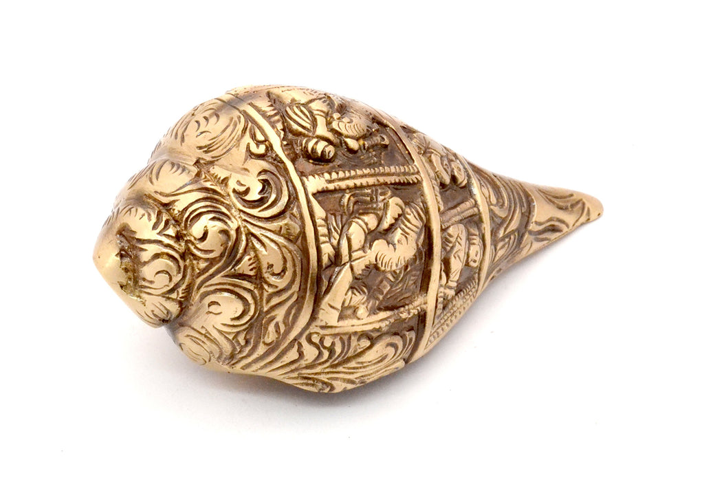 Two Moustaches 100% Pure Brass Ganesha Carving Brass Shankh Showpiece, Attractive Brass Conch for Temple/Home, Shankh for Pooja, Weight - 430 Grams, Mandir Decorations Items, Standard, Pack of 1