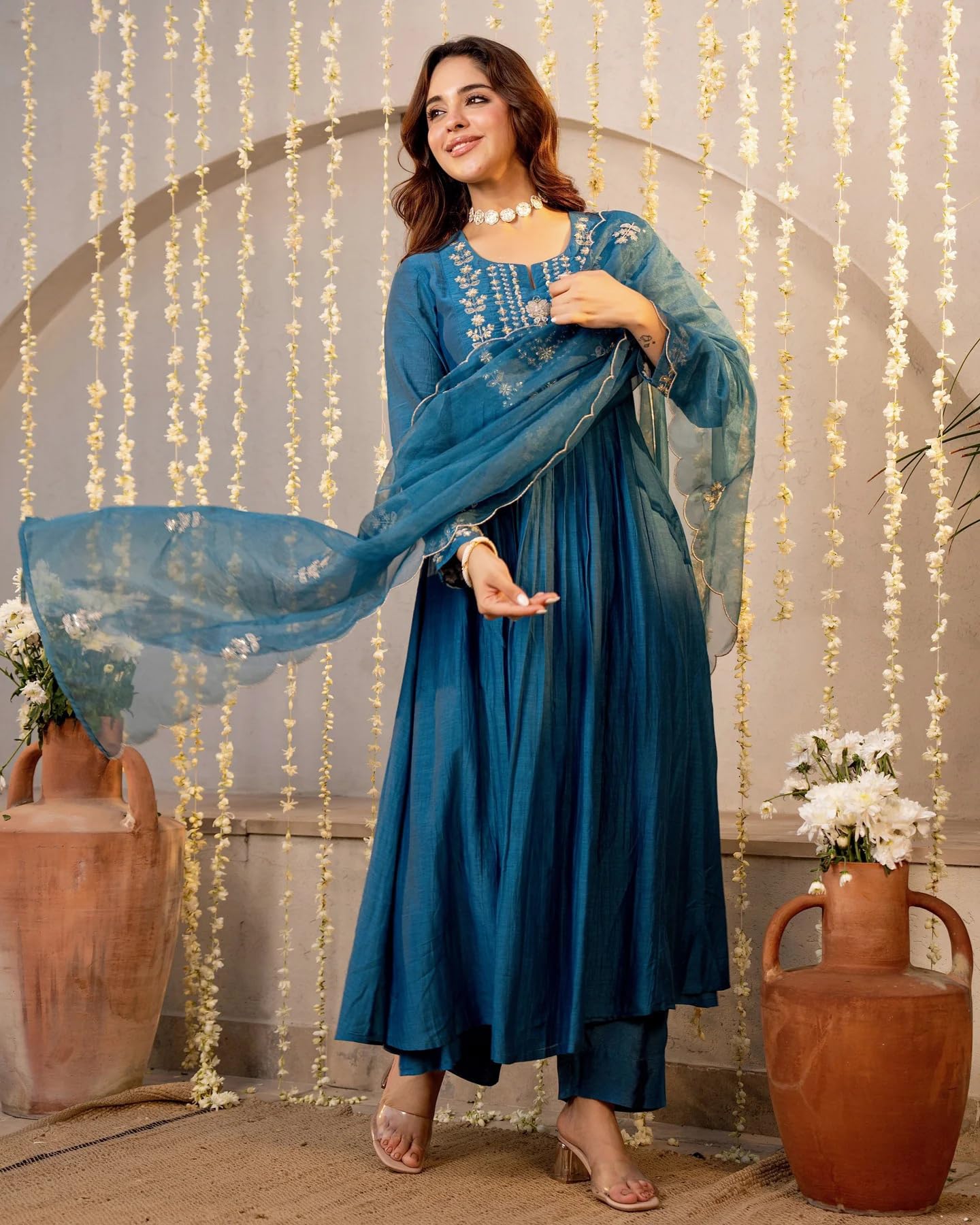 Nermosa Women Embroidery Solid A-Line Kurta and Pant Set with Dupatta (IN, Alpha, L, Morepeach)