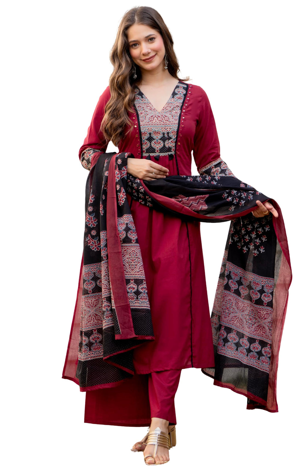 Amayra Women's Pure Cotton A-Line Kurta Set with Palazzo Pants & Dupatta|Ethnic wear|Kurti Suit Set for Women(TCK728,Maroon,L)