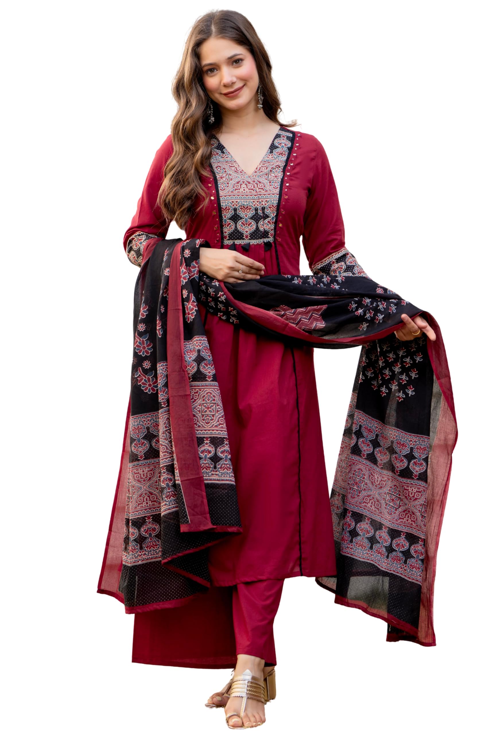 Amayra Women's Pure Cotton A-Line Kurta Set with Palazzo Pants & Dupatta|Ethnic wear|Kurti Suit Set for Women(TCK728,Maroon,L)