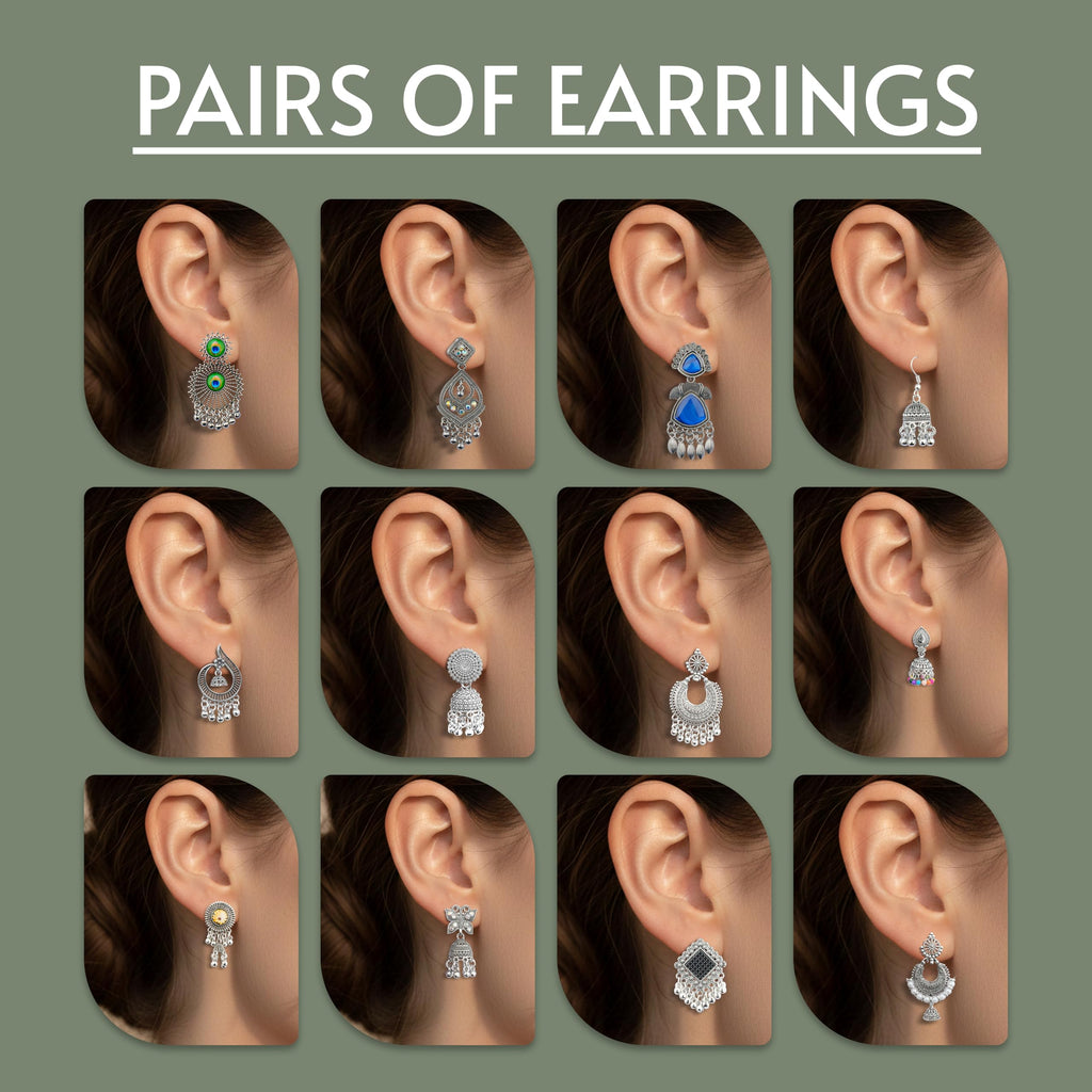 The Wallet Store Ishq-E-Jhumka Oxidized Designer Earrings Set of 12 With Folding Jewelry Box | Minimalist & Traditional Jhumka Set for Womens & Girls