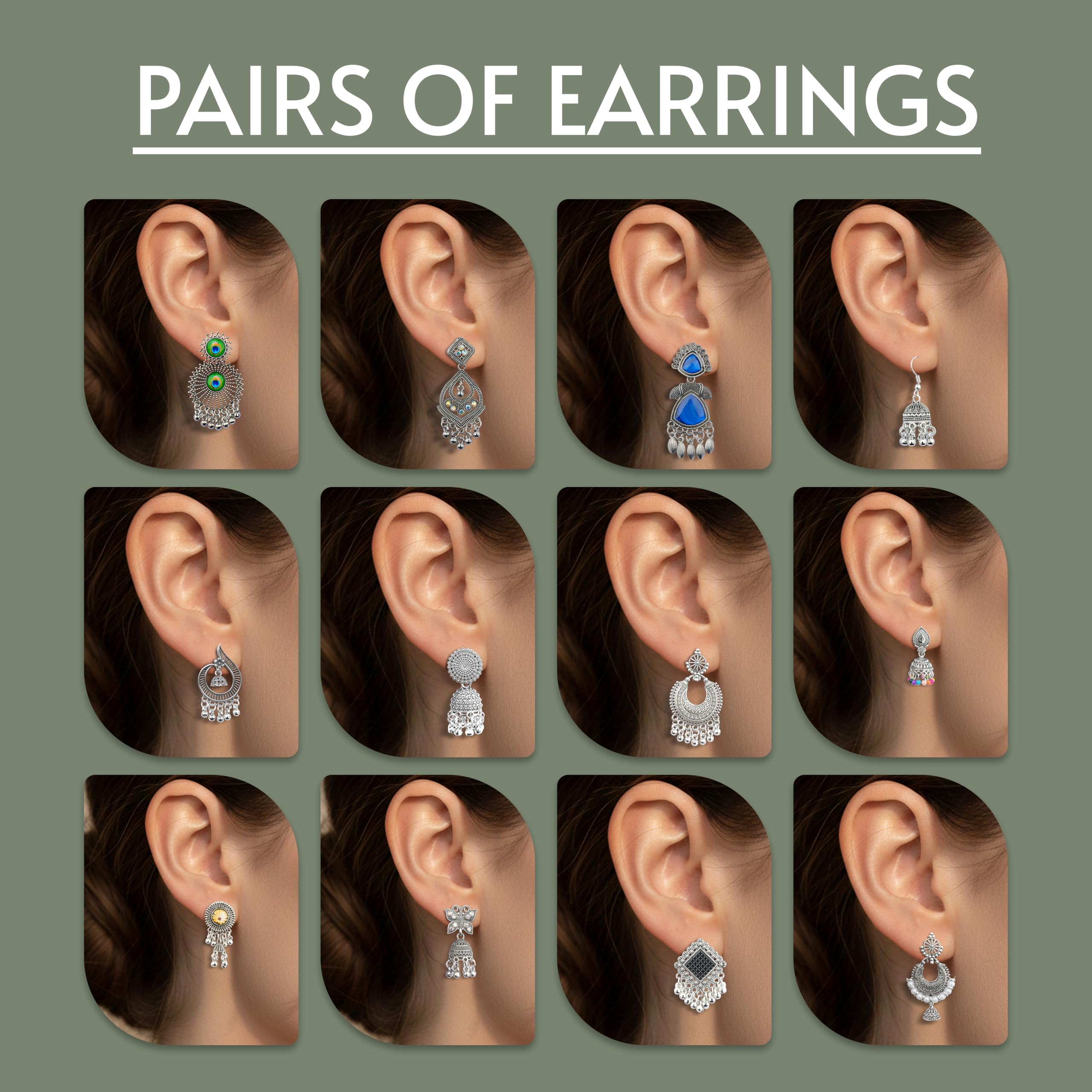 The Wallet Store Ishq-E-Jhumka Oxidized Designer Earrings Set of 12 With Folding Jewelry Box | Minimalist & Traditional Jhumka Set for Womens & Girls