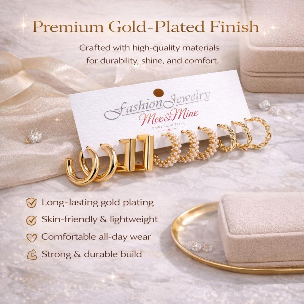 Mee&Mine Gold Hoop Earrings Set for Women (5 Pairs) – Chunky, Twisted, Pearl Hoop Earrings Combo, Trendy Gold Plated Earrings Set, Stylish Everyday Jewelry for Girls & Women