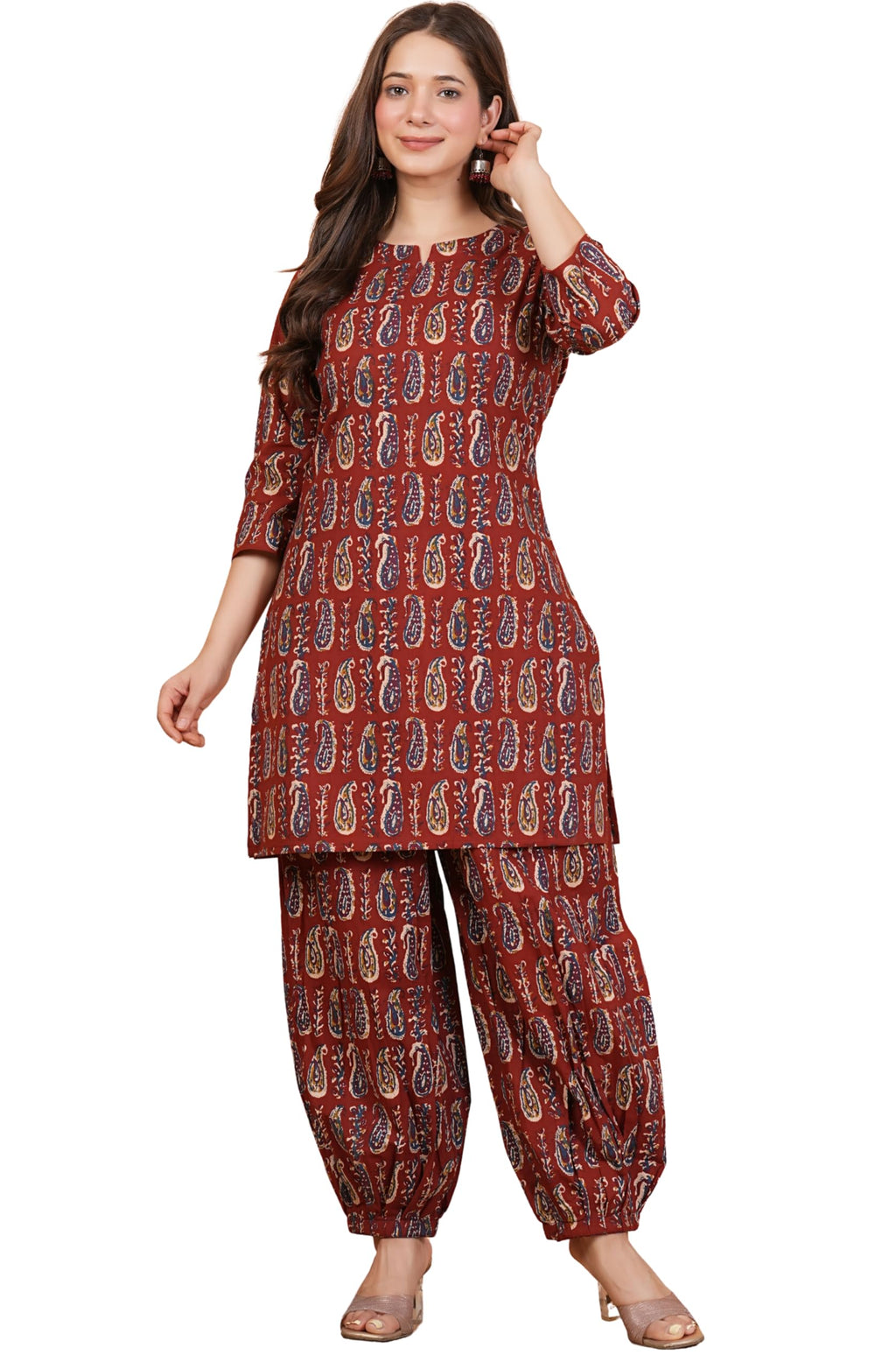 rytras Women's Pure Cotton Printed Straight Kurta Set with Palazzo Pants|Ethnic wear|Kurta Set for Women(RYT704,L) Maroon