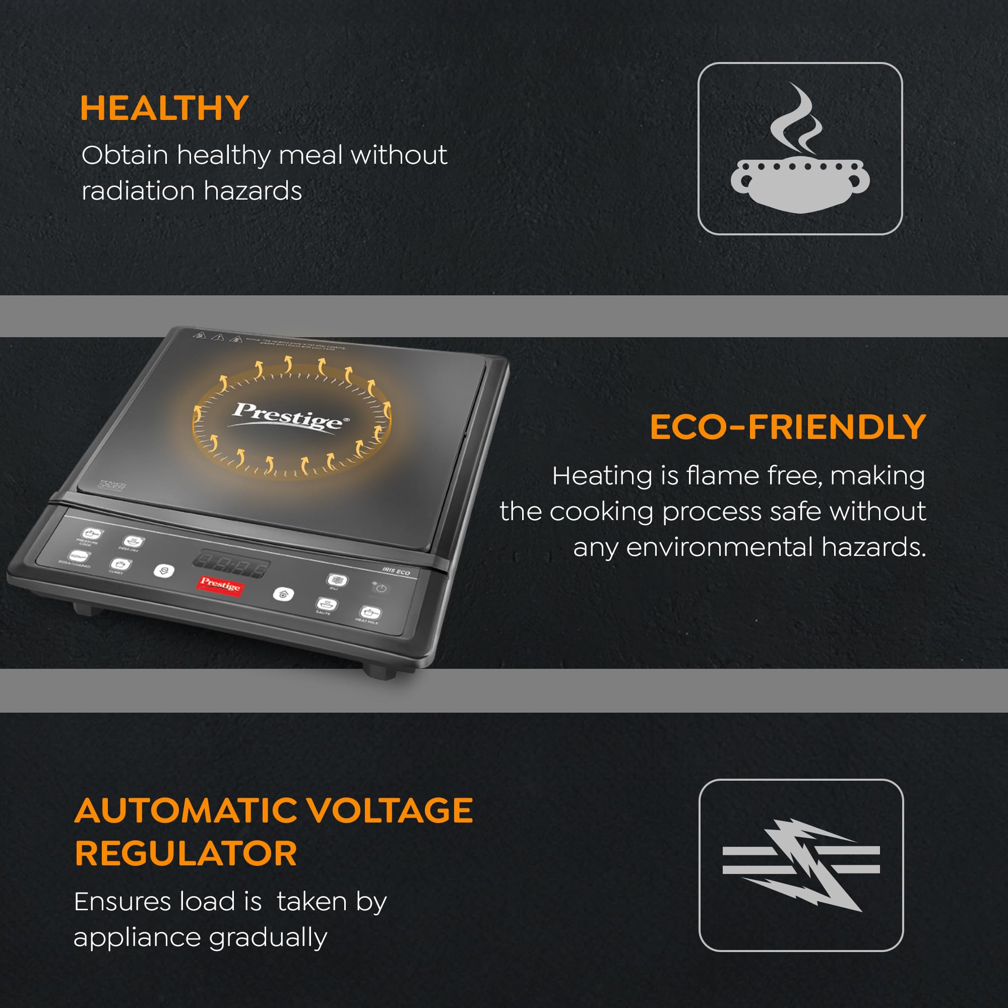 Prestige IRIS ECO 1200 W Induction Cooktop with automatic voltage regulator |Indian Menu option|Power Saver|Timer with User Pre-Set|1 year warranty|Black