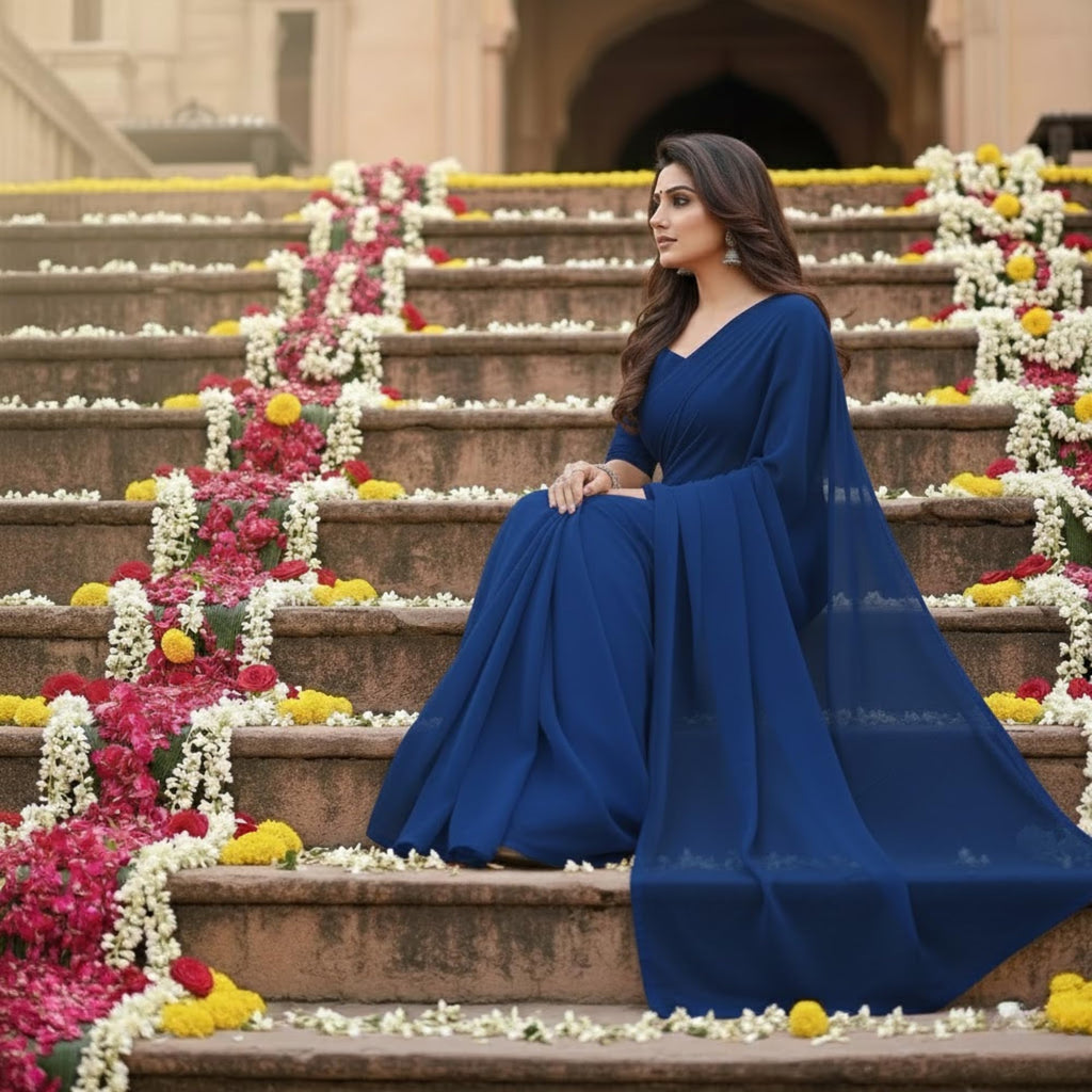 सरस साड़ी Blue Cotton Saree for Women | Soft Breathable Pure Cotton Saree with Blouse Piece | Lightweight Daily Wear & Casual Ethnic Saree | Summer Friendly Traditional Indian Blue Saree