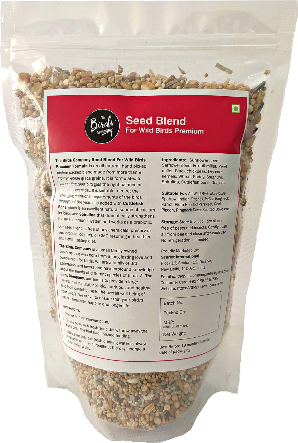 The Birds Company Premium Seed Blend of 9 Grains & Nuts, Bird Feeder Food Refill, Mix Seeds for Outside Wild Birds, Indian Parrot, Sparrow, Doves, 450 g
