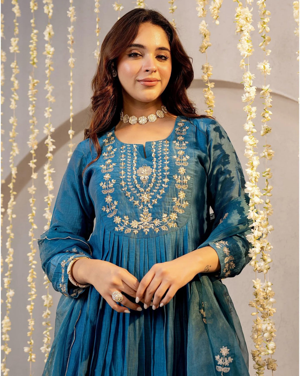 Nermosa Women Embroidery Solid A-Line Kurta and Pant Set with Dupatta (IN, Alpha, L, Morepeach)
